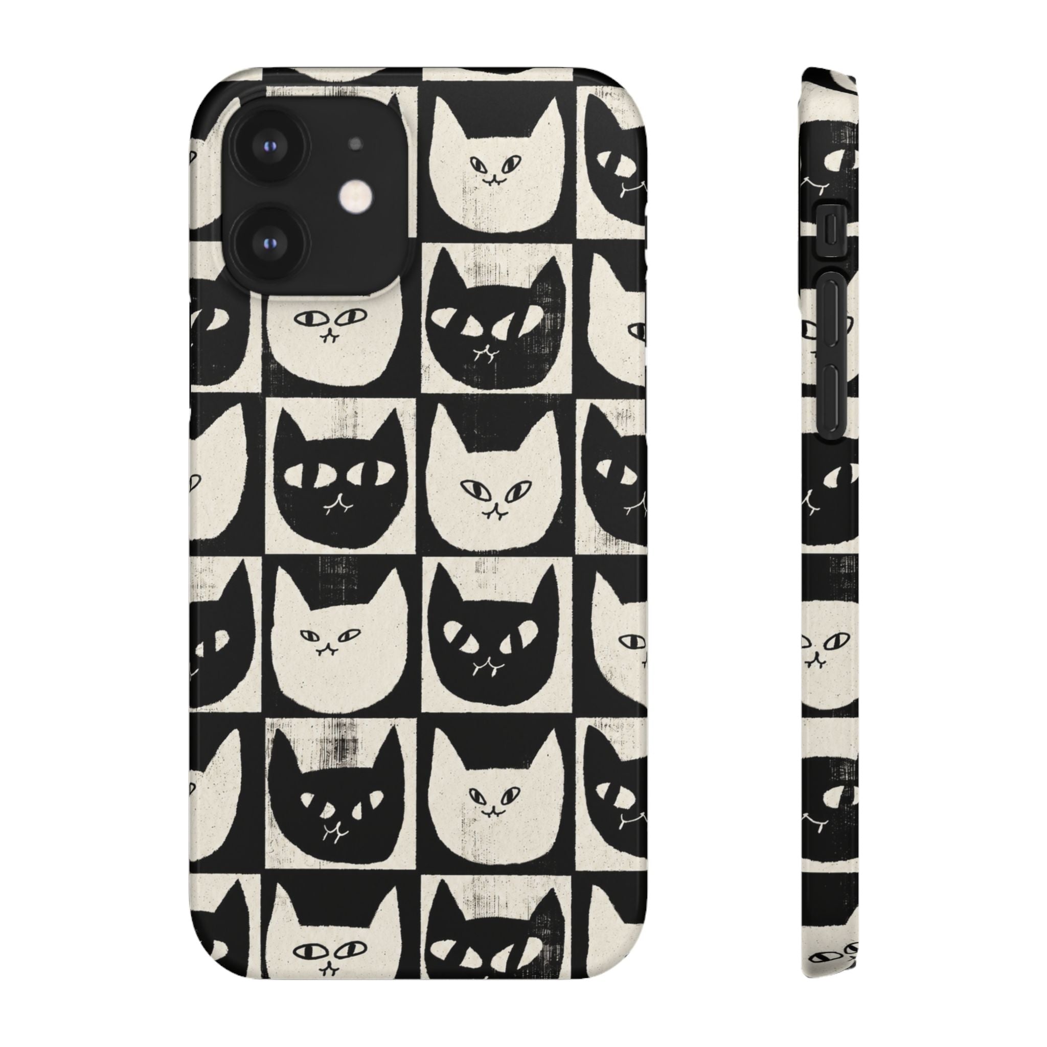 Midnight Cat Grid – Black & White Minimal Cat Phone Case