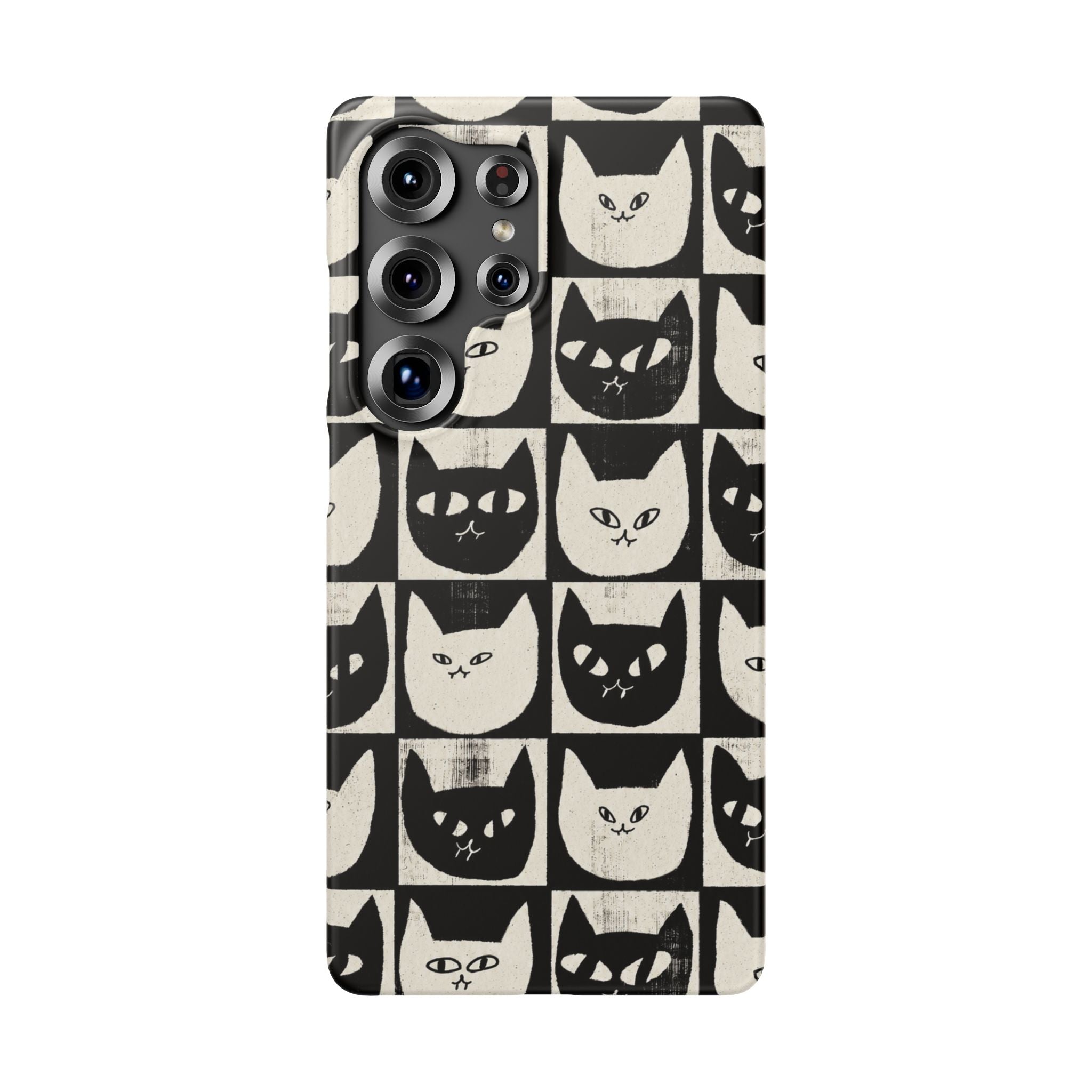 Midnight Cat Grid – Black & White Minimal Cat Phone Case