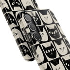 Midnight Cat Grid – Black & White Minimal Cat Phone Case