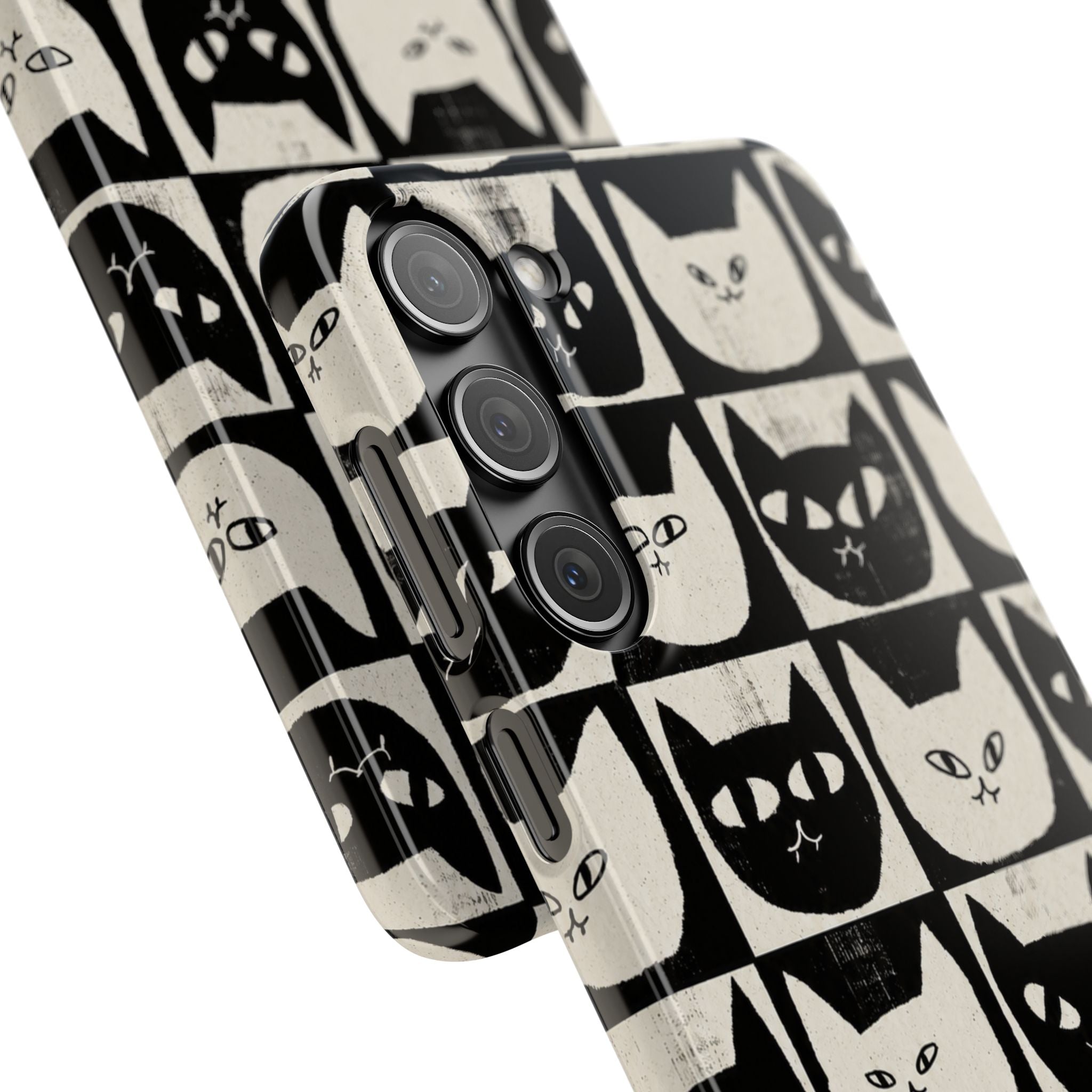 Midnight Cat Grid – Black & White Minimal Cat Phone Case