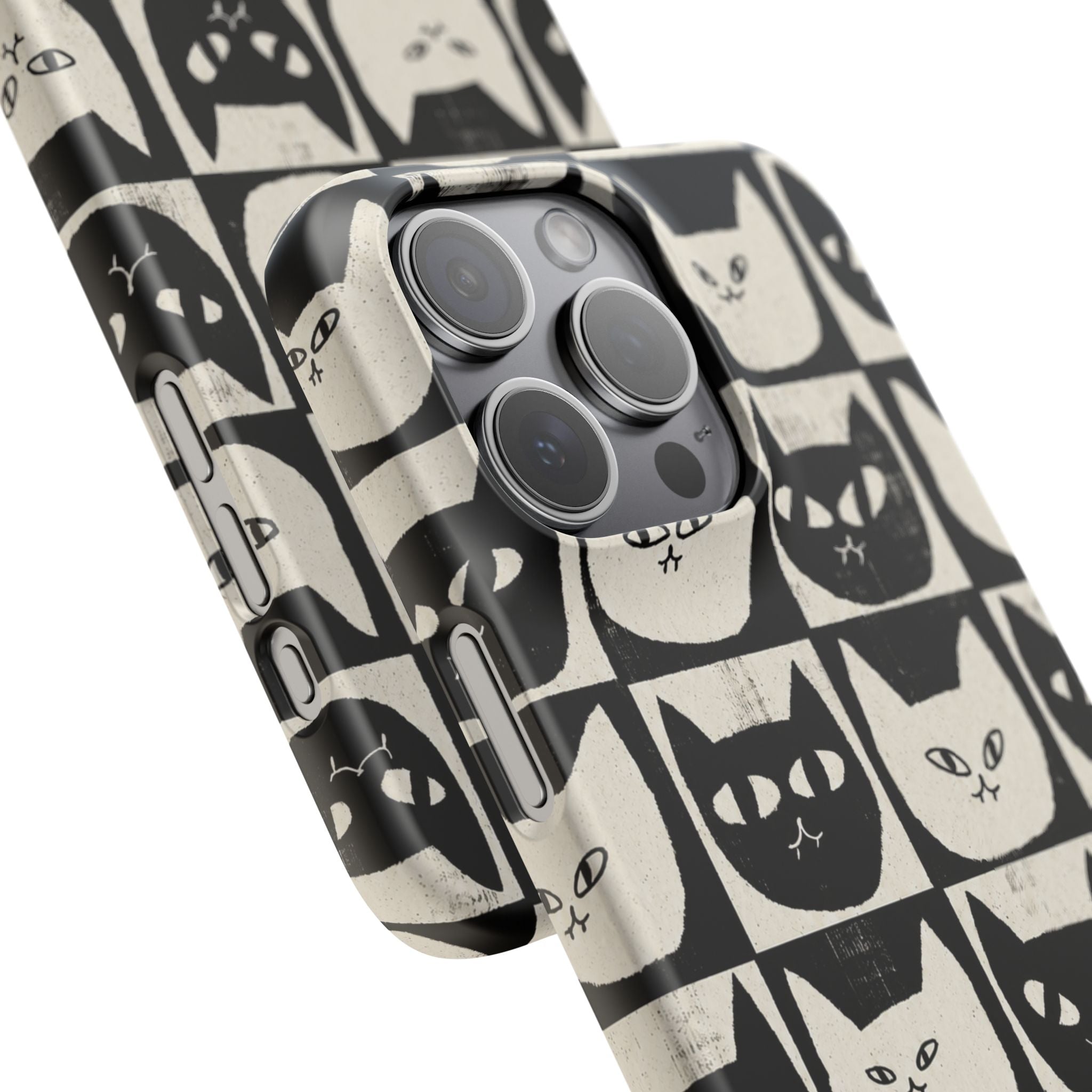 Midnight Cat Grid – Black & White Minimal Cat Phone Case