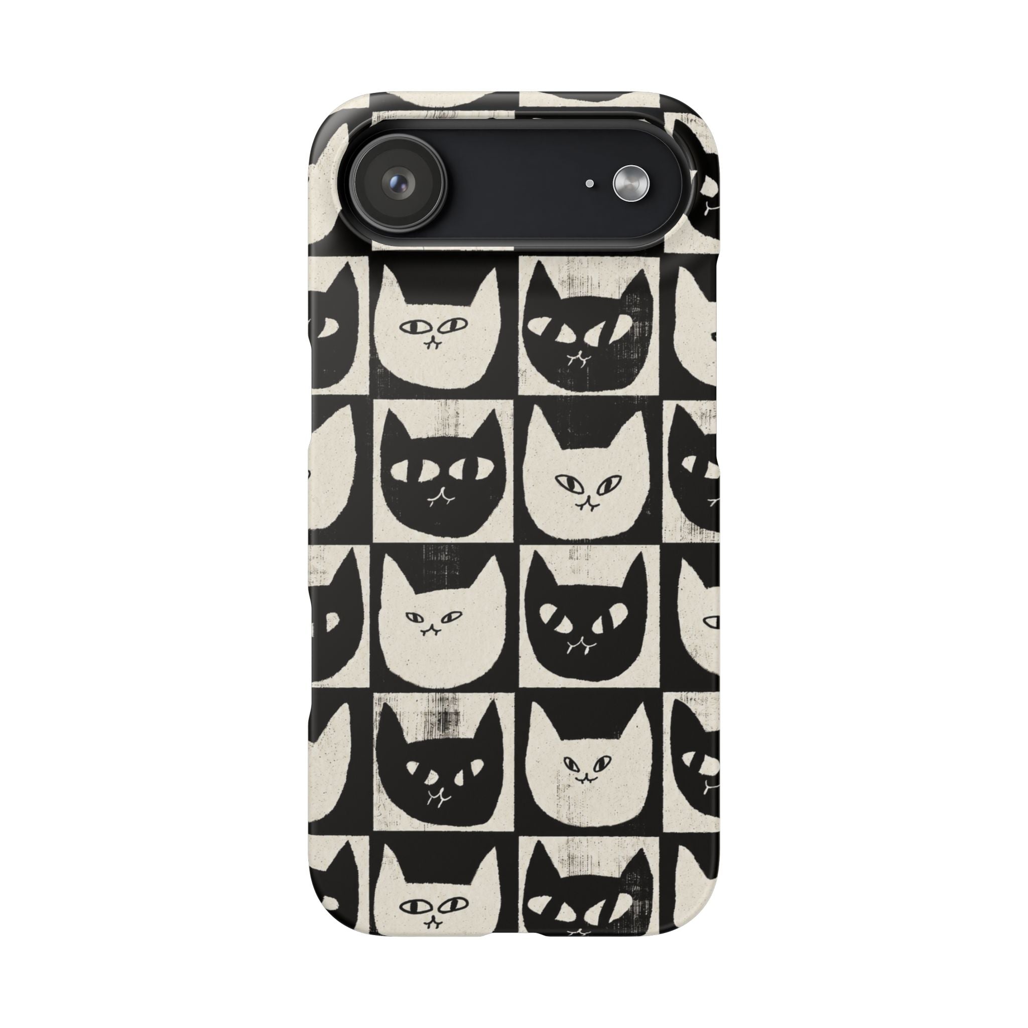Midnight Cat Grid – Black & White Minimal Cat Phone Case