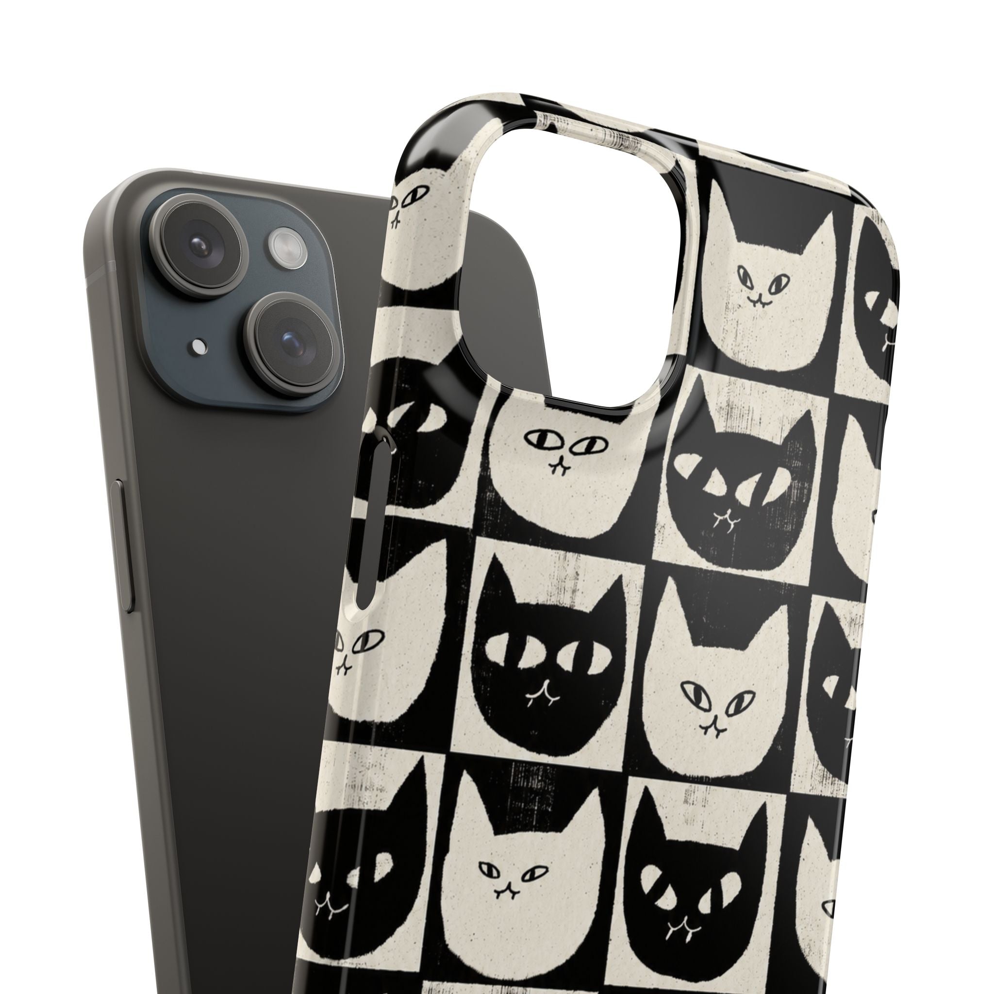 Midnight Cat Grid – Black & White Minimal Cat Phone Case