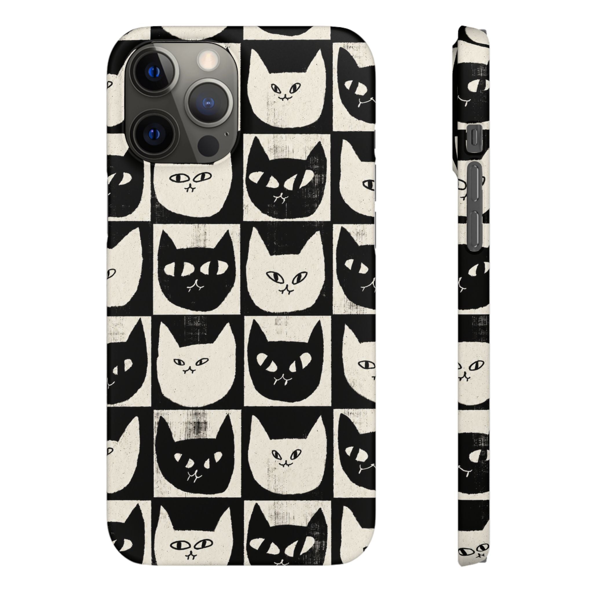 Midnight Cat Grid – Black & White Minimal Cat Phone Case