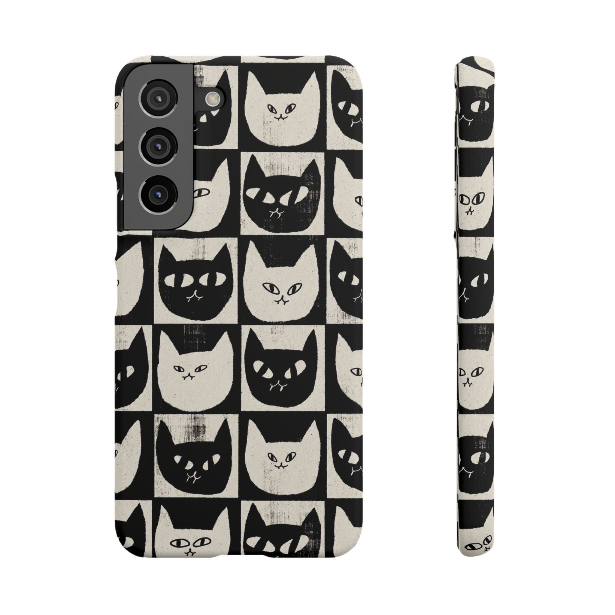 Midnight Cat Grid – Black & White Minimal Cat Phone Case