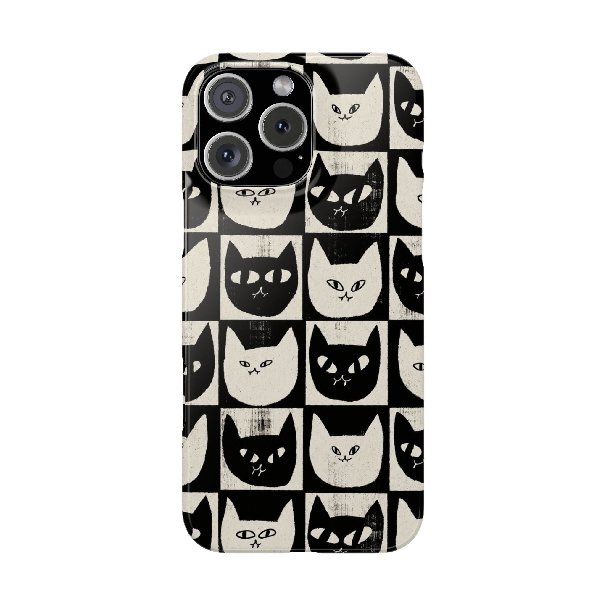 Midnight Cat Grid – Black & White Minimal Cat Phone Case