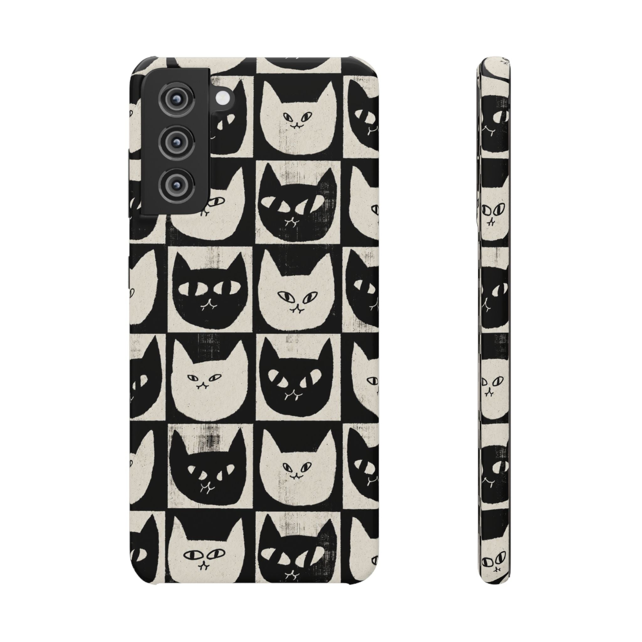 Midnight Cat Grid – Black & White Minimal Cat Phone Case