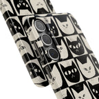 Midnight Cat Grid – Black & White Minimal Cat Phone Case