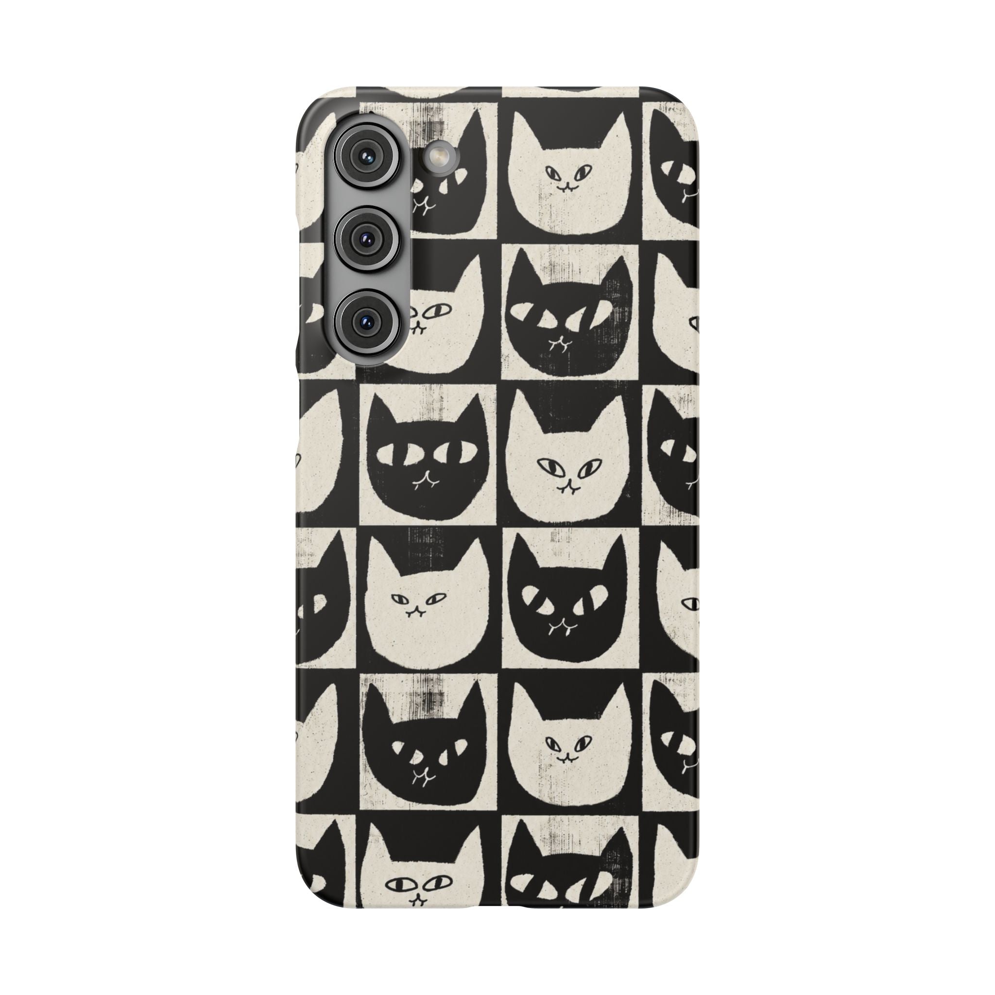 Midnight Cat Grid – Black & White Minimal Cat Phone Case