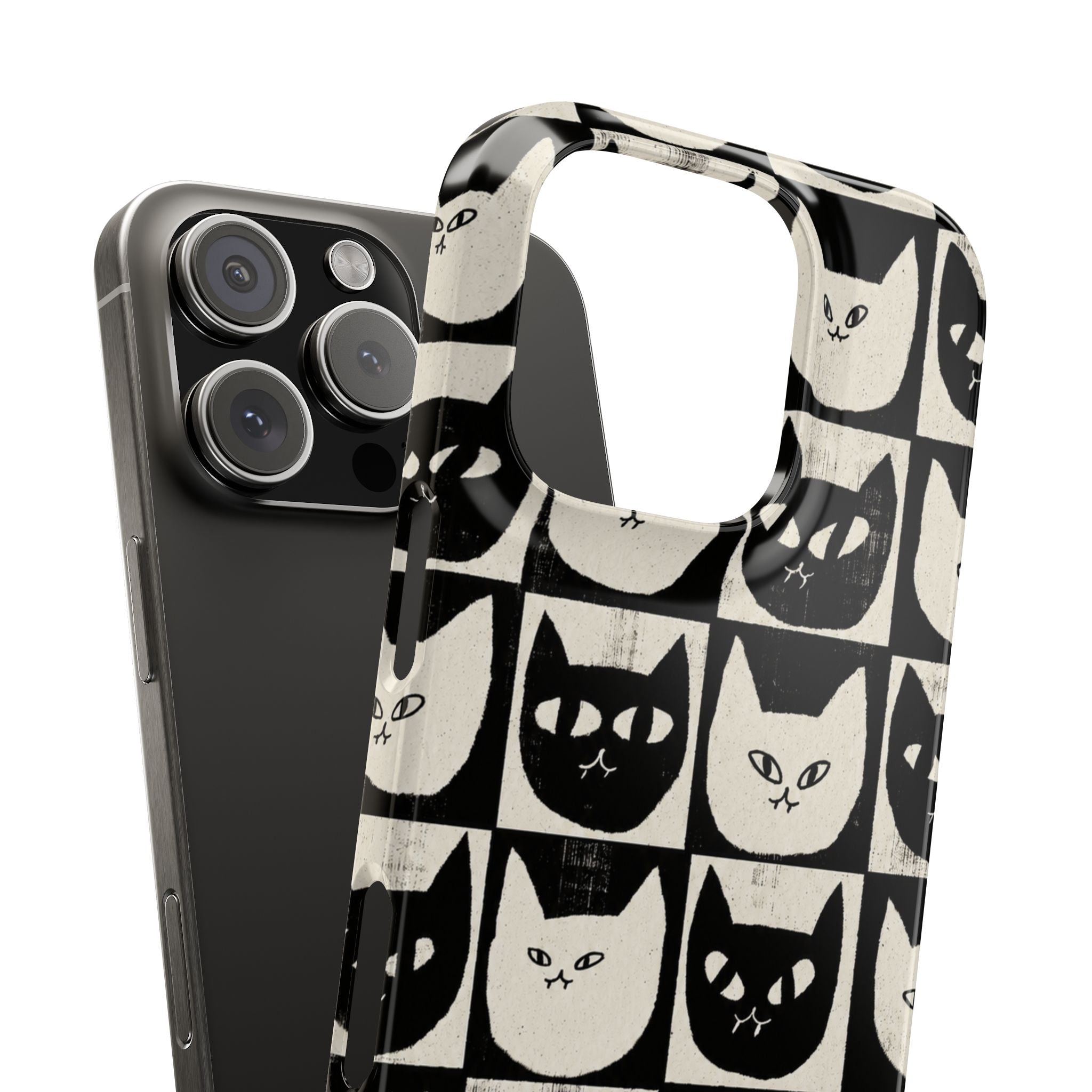 Midnight Cat Grid – Black & White Minimal Cat Phone Case