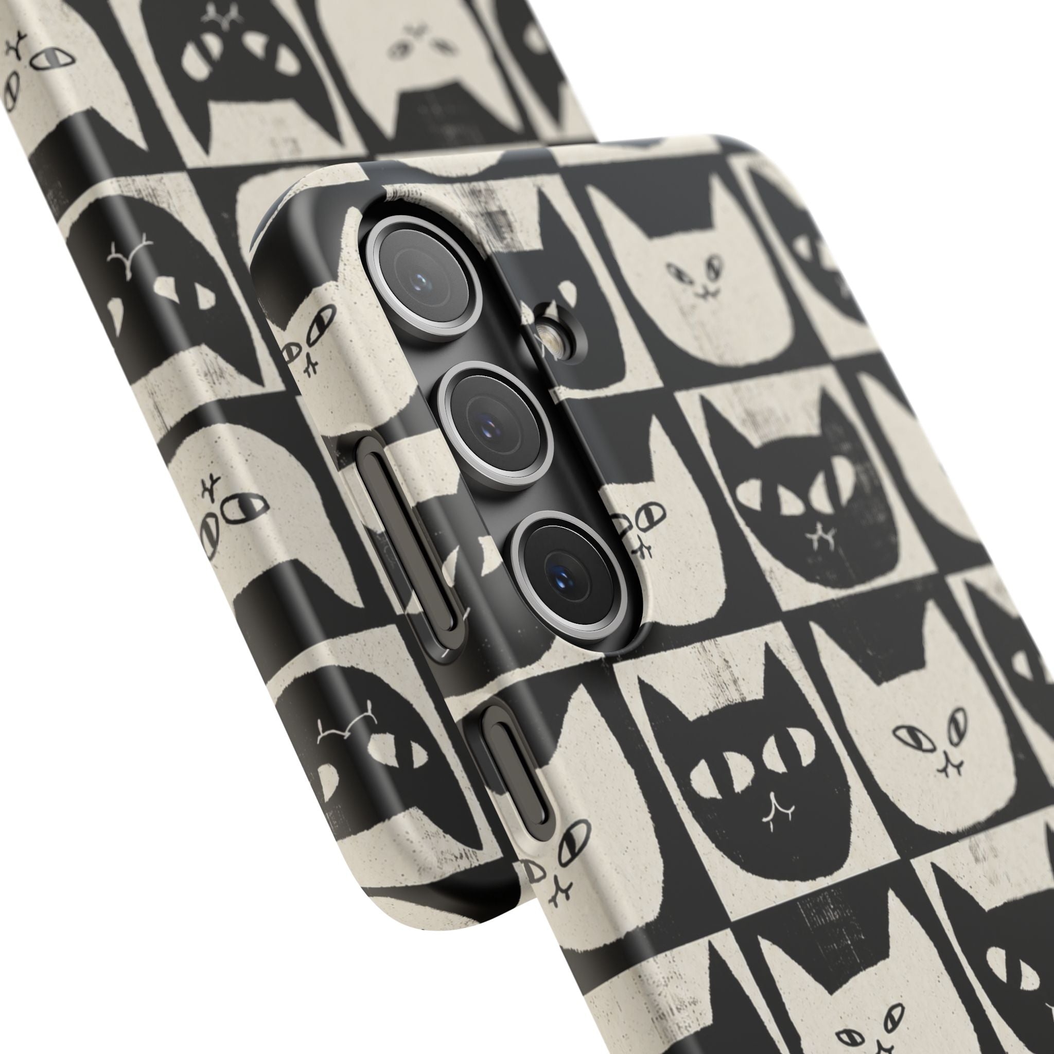 Midnight Cat Grid – Black & White Minimal Cat Phone Case