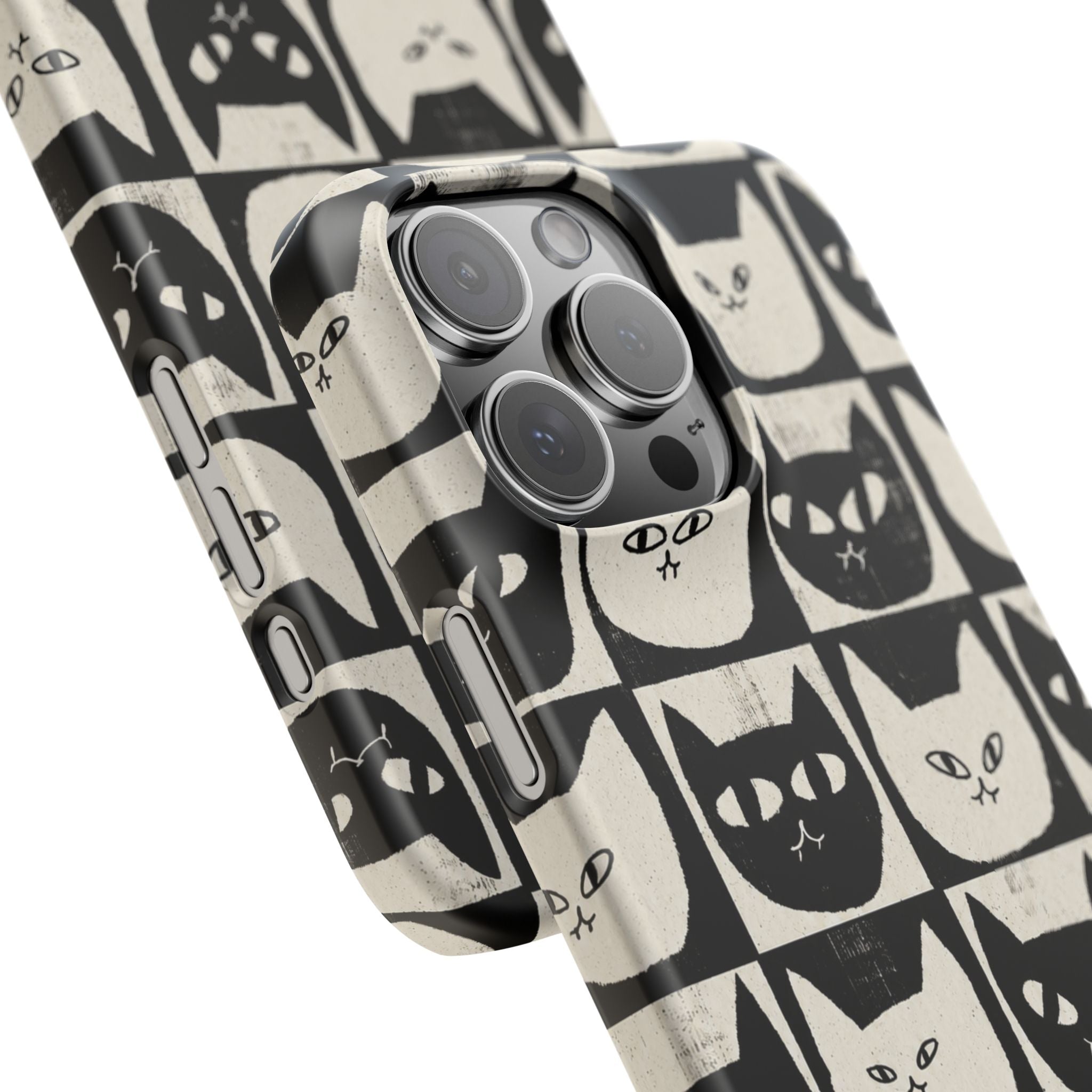Midnight Cat Grid – Black & White Minimal Cat Phone Case