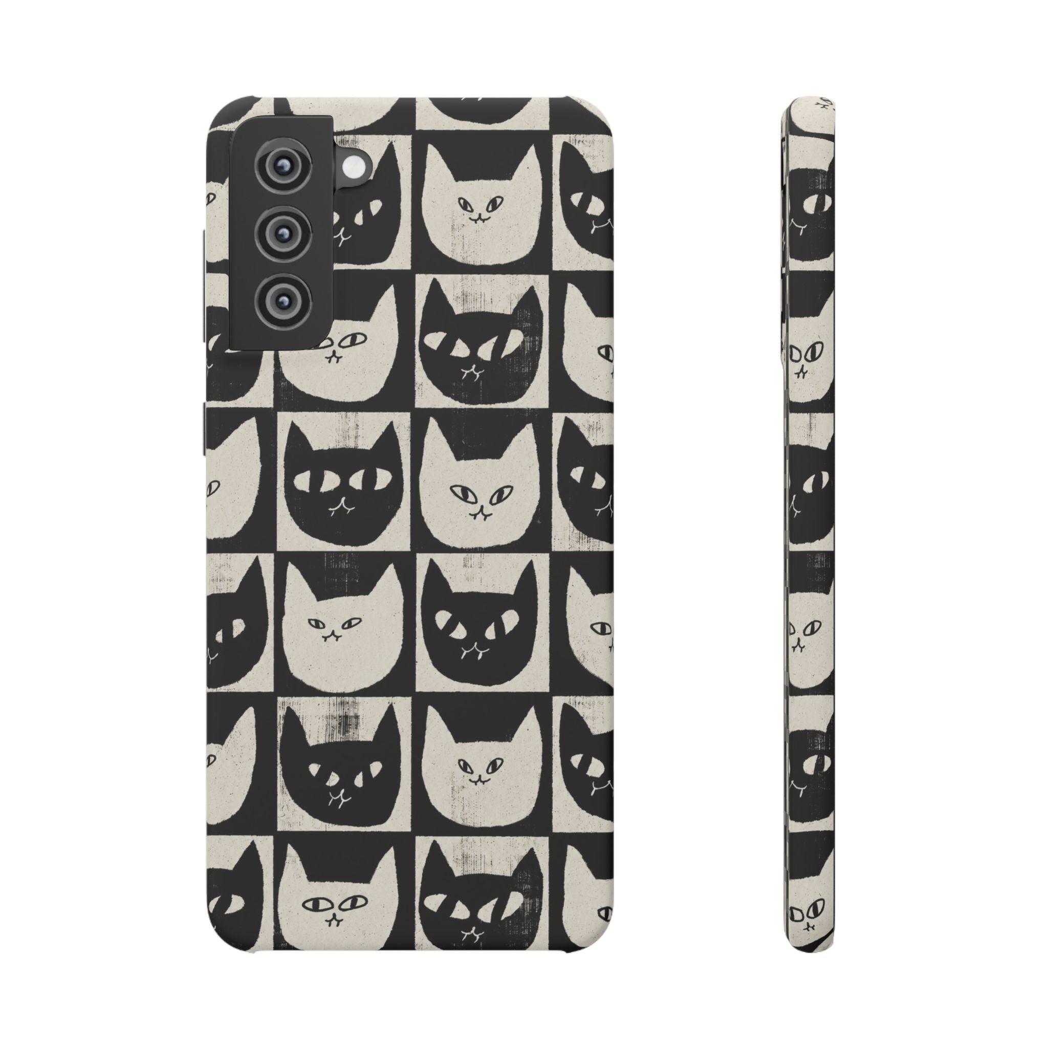 Midnight Cat Grid – Black & White Minimal Cat Phone Case