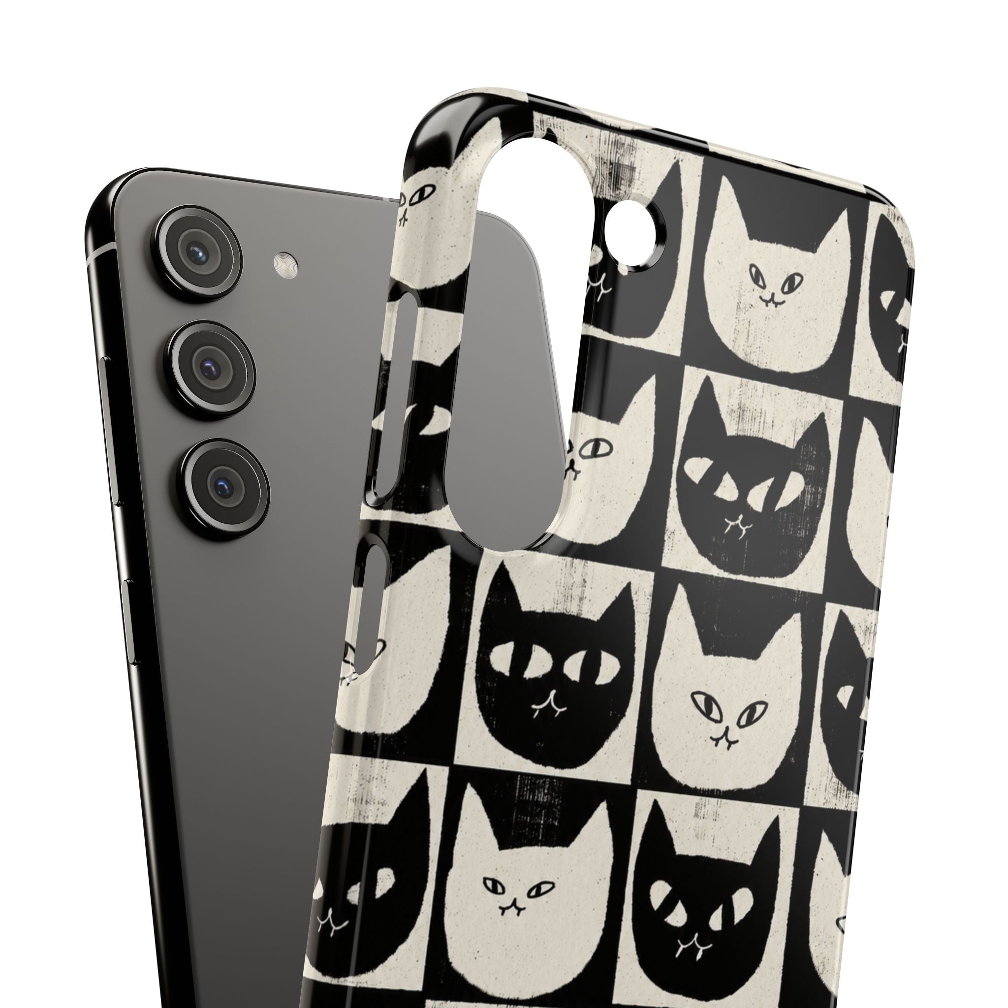Midnight Cat Grid – Black & White Minimal Cat Phone Case