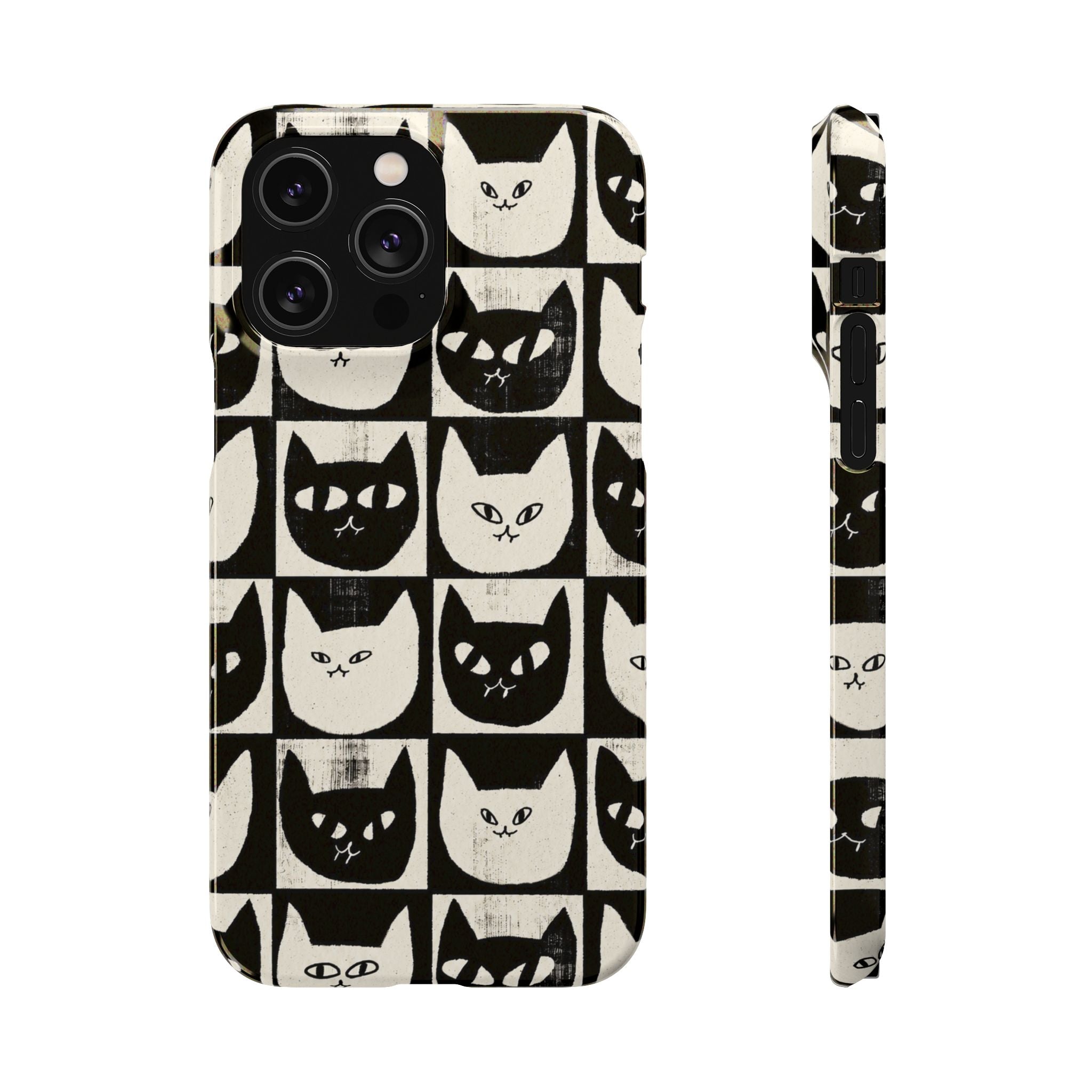 Midnight Cat Grid – Black & White Minimal Cat Phone Case