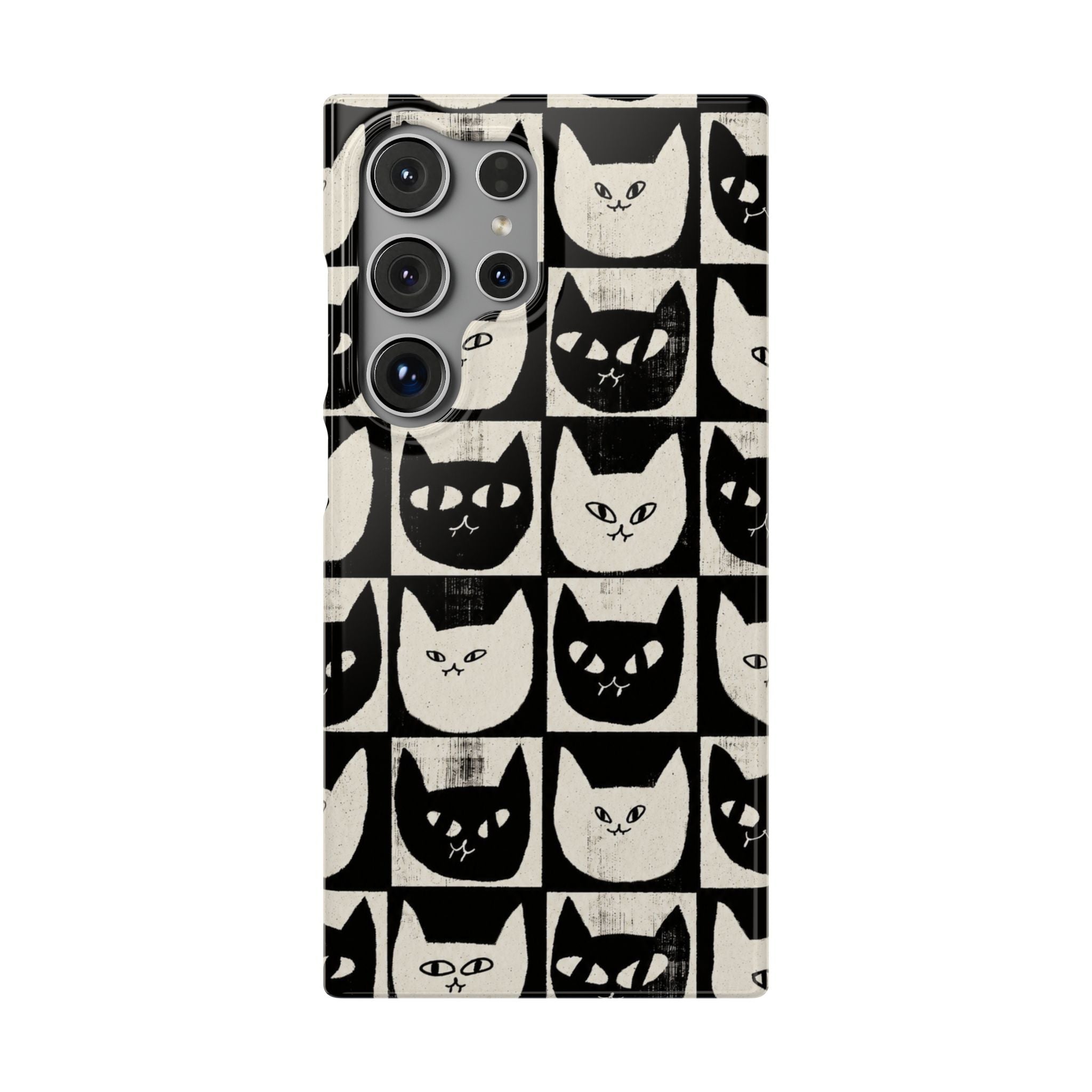 Midnight Cat Grid – Black & White Minimal Cat Phone Case
