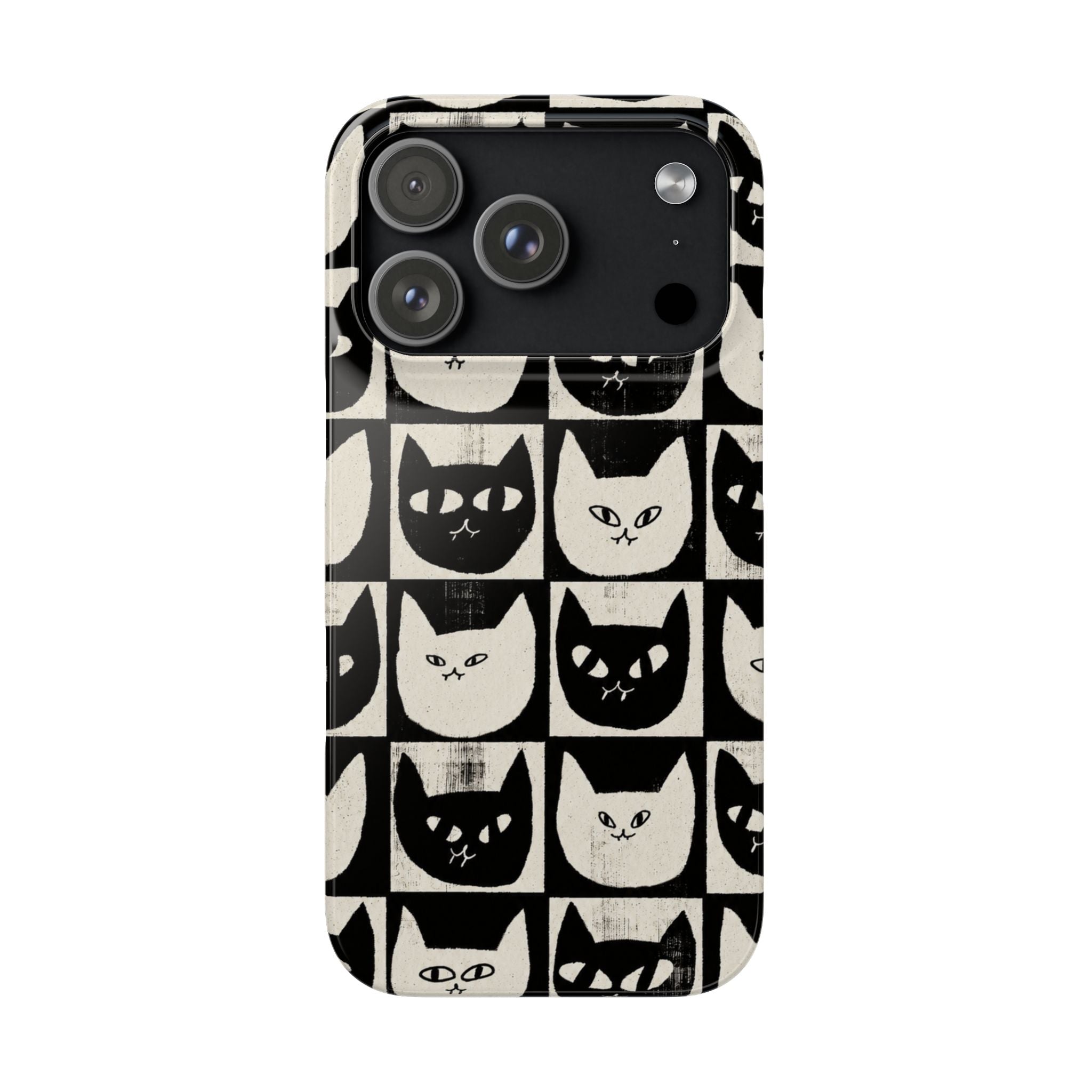 Midnight Cat Grid – Black & White Minimal Cat Phone Case