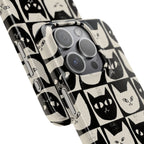 Midnight Cat Grid – Black & White Minimal Cat Phone Case