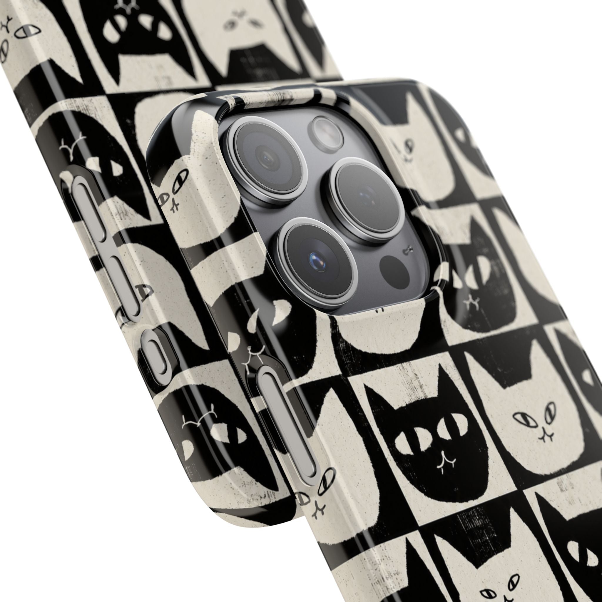 Midnight Cat Grid – Black & White Minimal Cat Phone Case