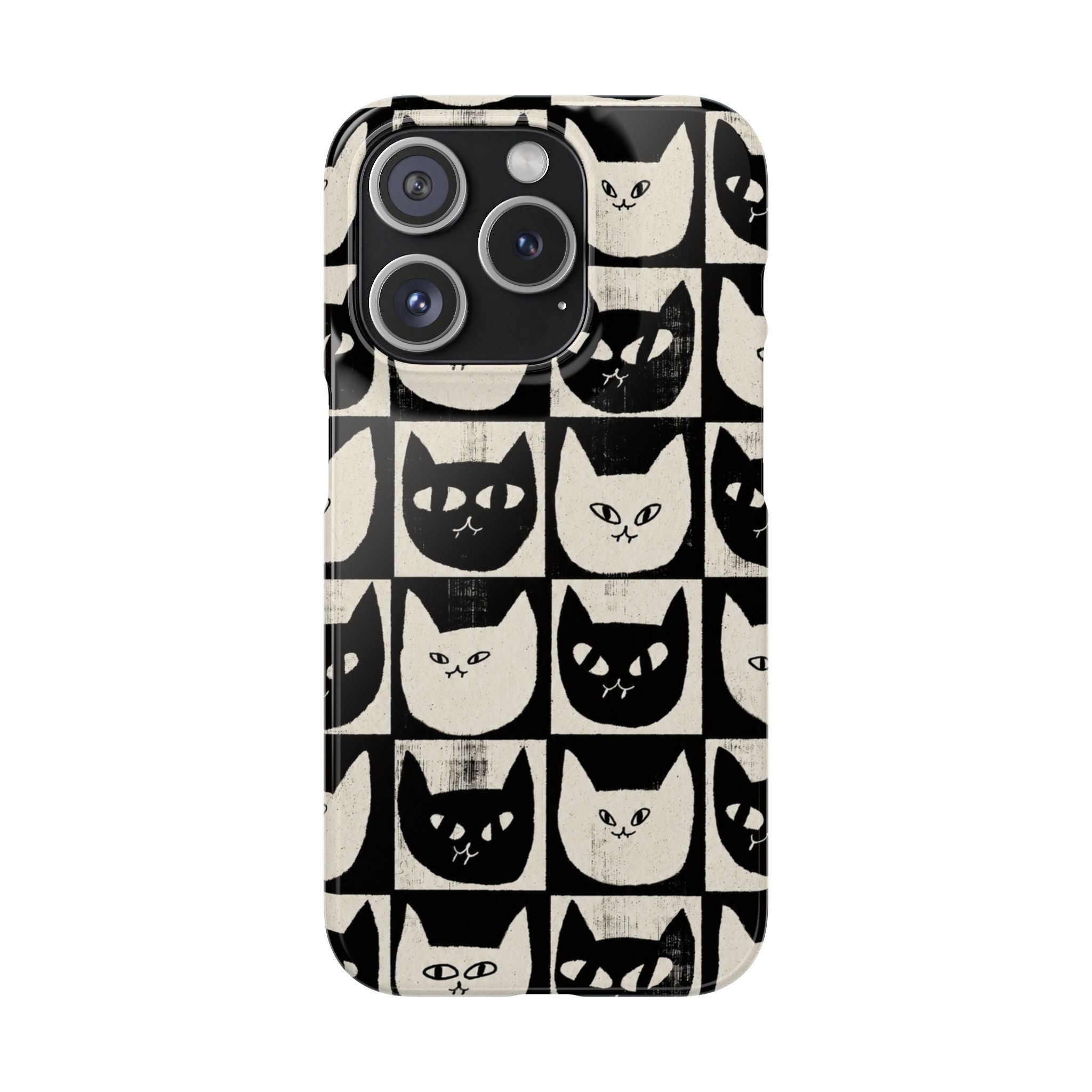 Midnight Cat Grid – Black & White Minimal Cat Phone Case