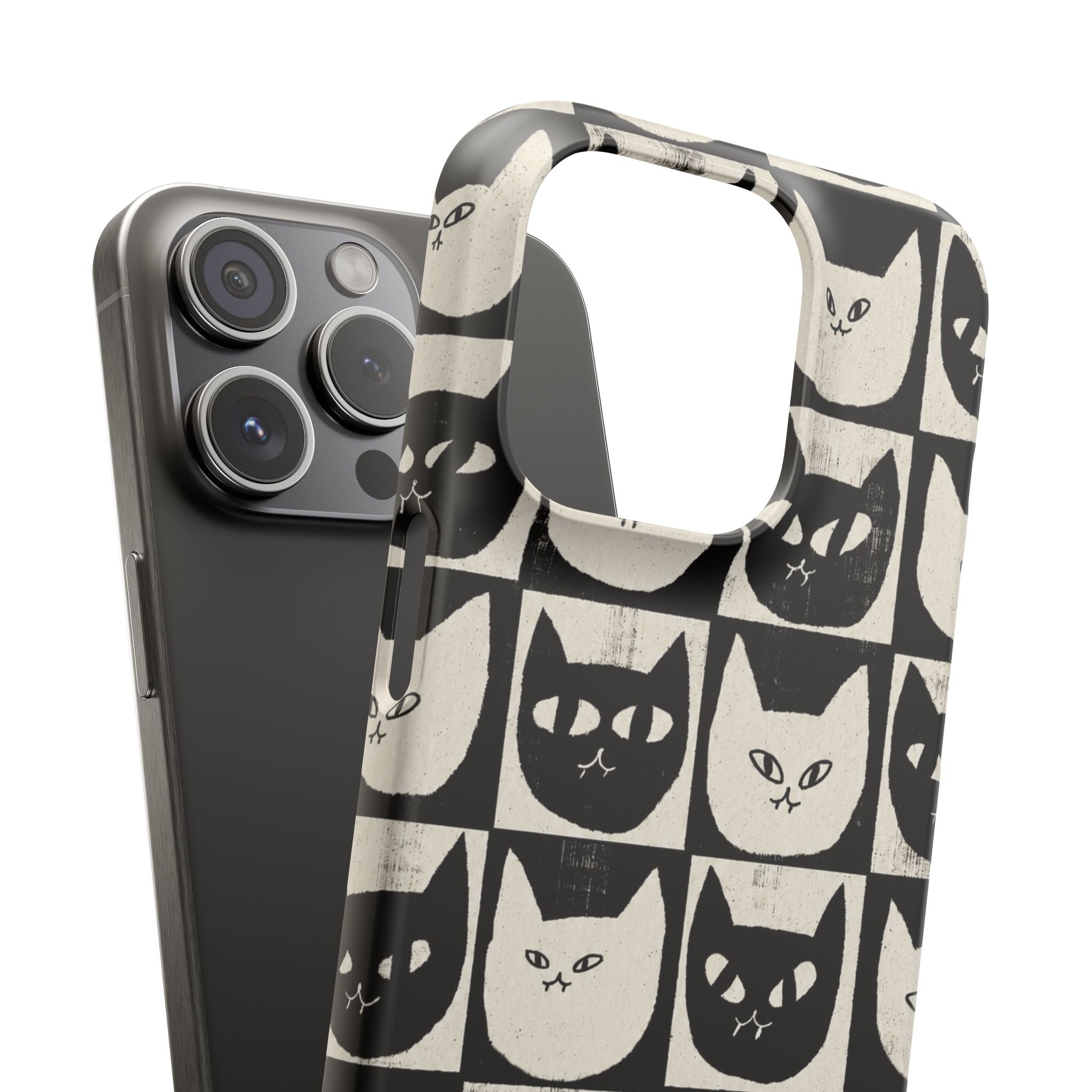 Midnight Cat Grid – Black & White Minimal Cat Phone Case
