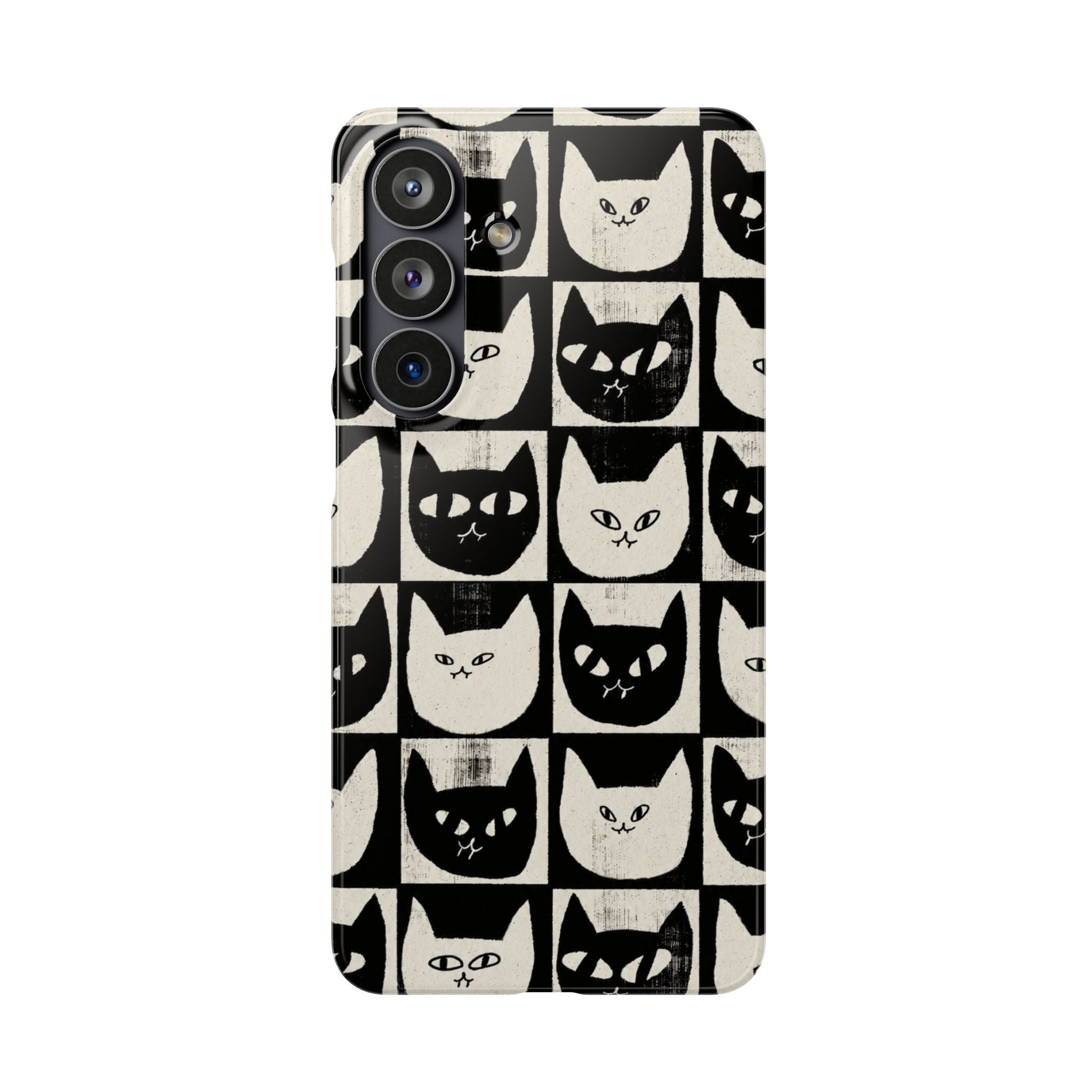 Midnight Cat Grid – Black & White Minimal Cat Phone Case