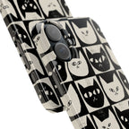 Midnight Cat Grid – Black & White Minimal Cat Phone Case