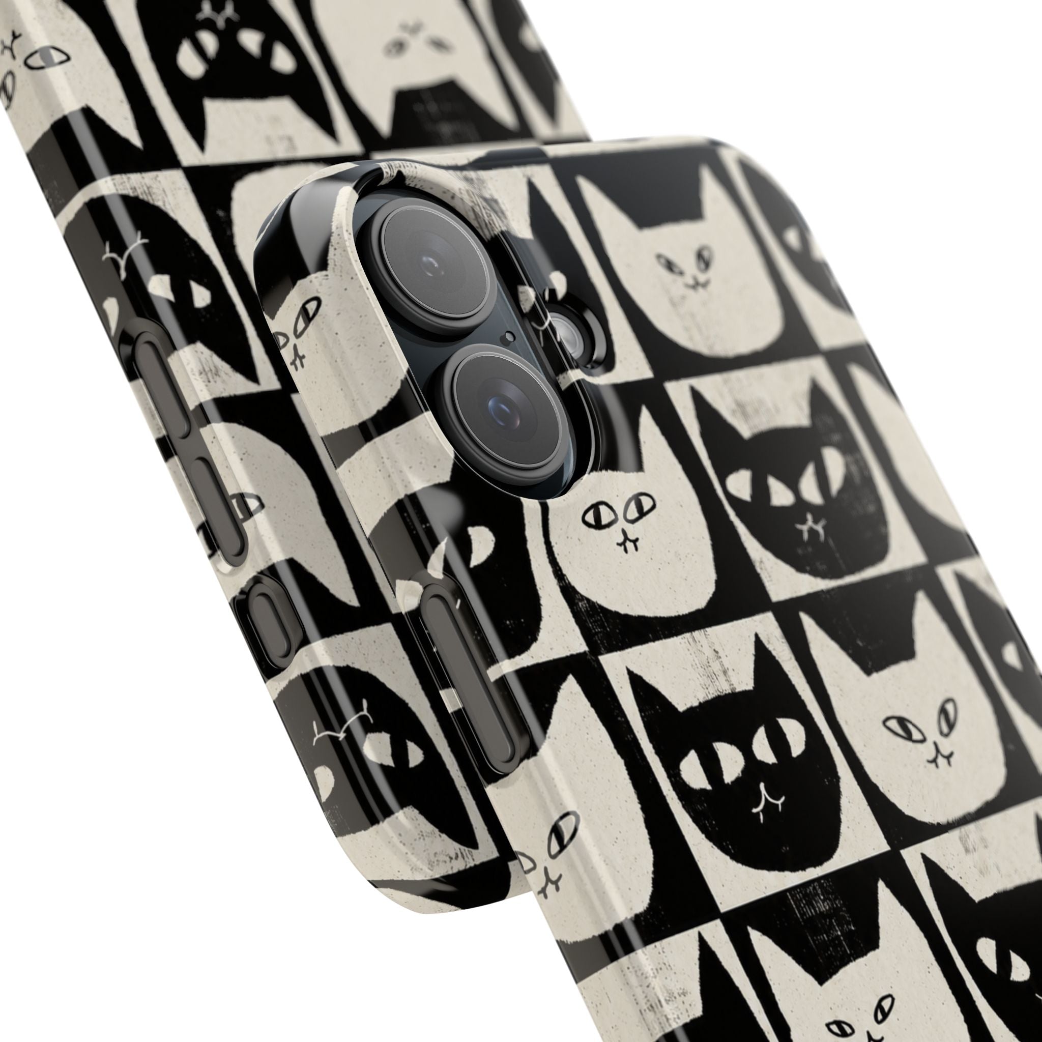 Midnight Cat Grid – Black & White Minimal Cat Phone Case