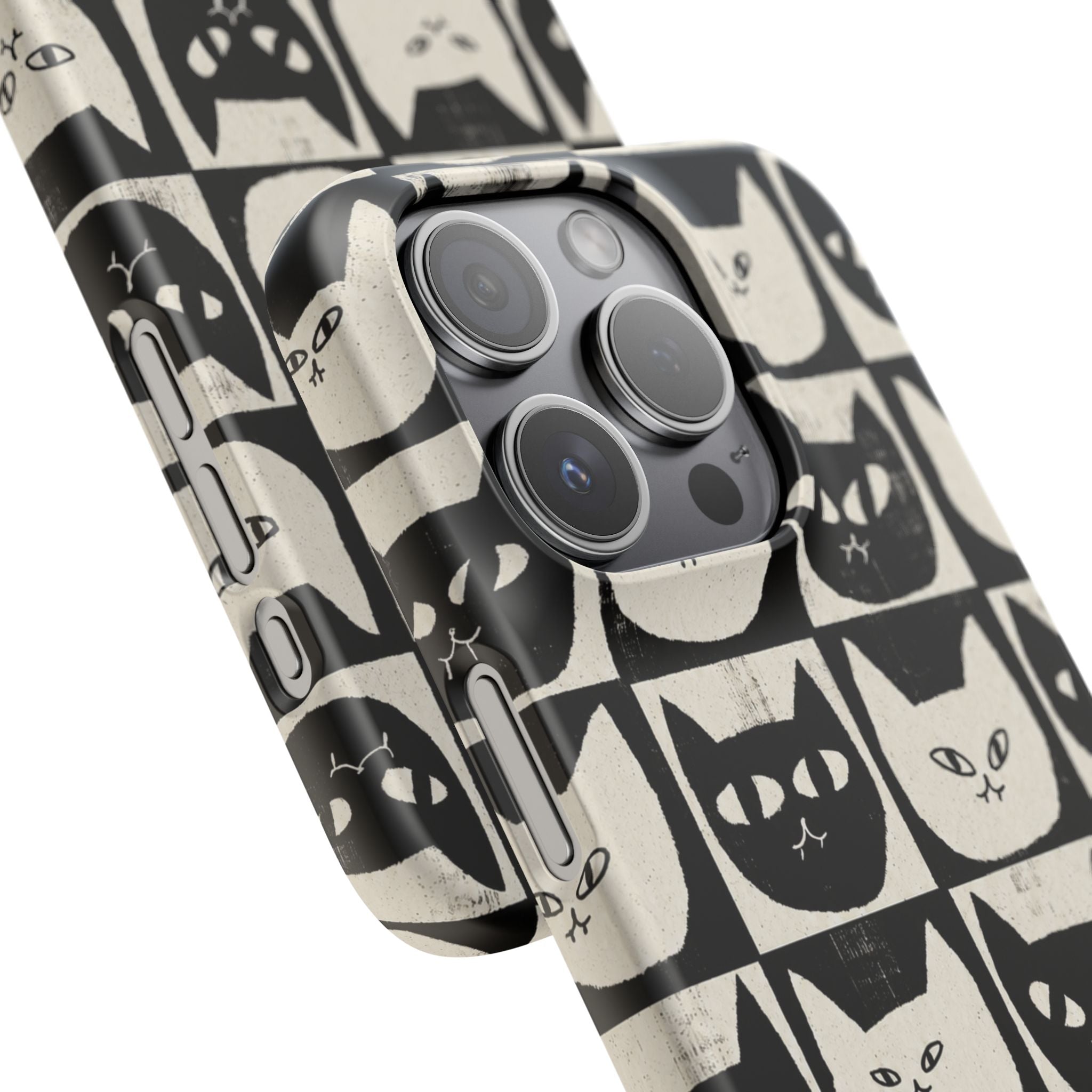 Midnight Cat Grid – Black & White Minimal Cat Phone Case