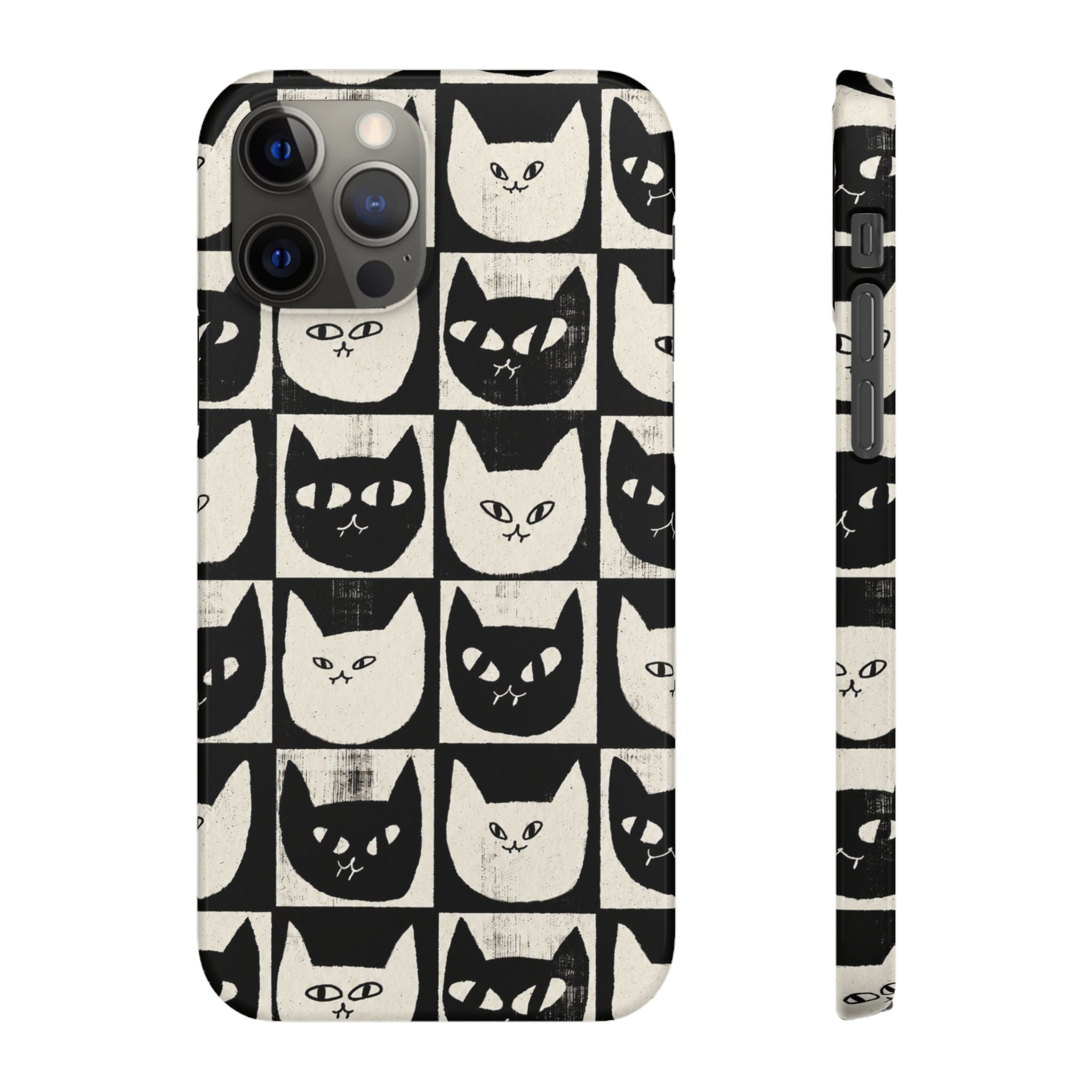 Midnight Cat Grid – Black & White Minimal Cat Phone Case