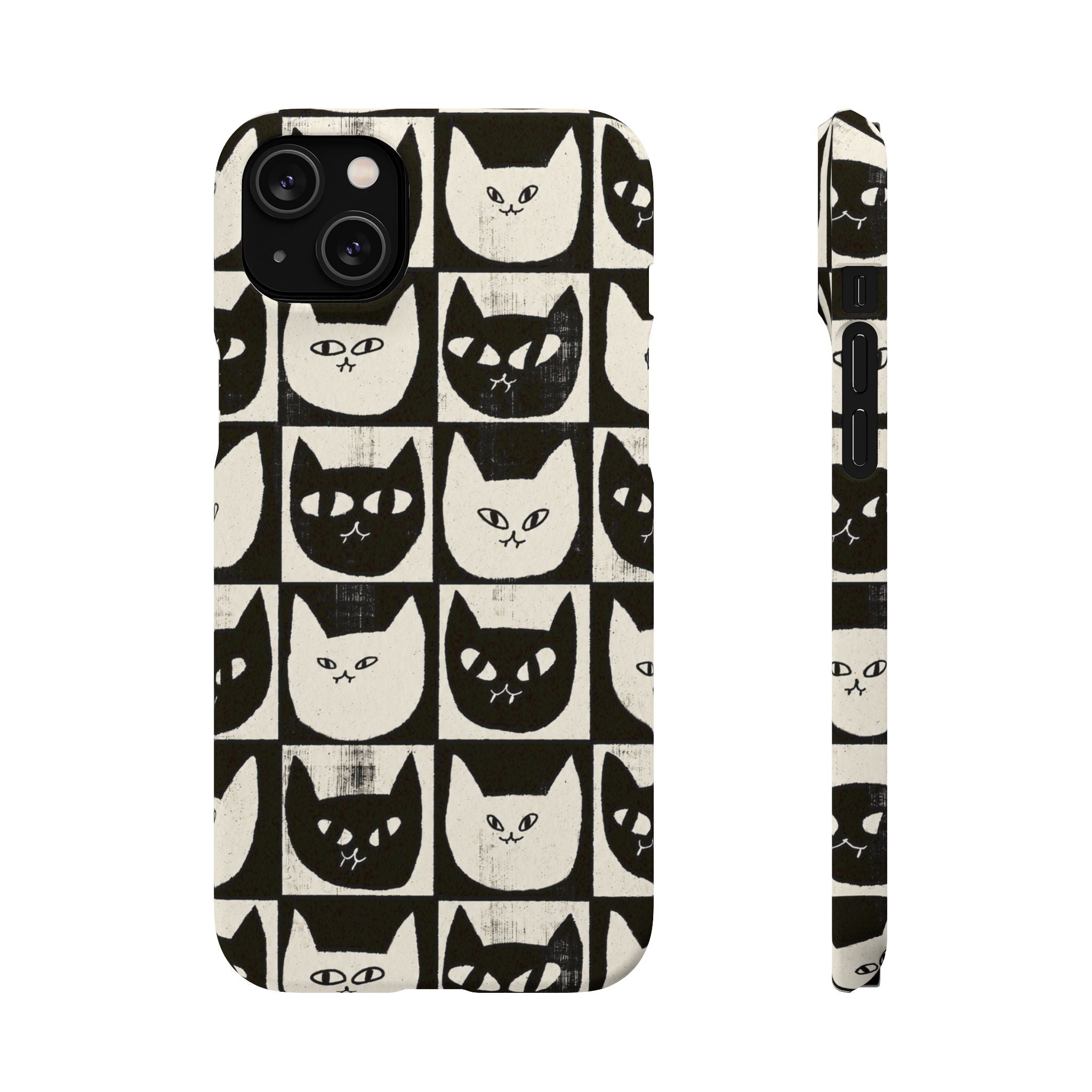 Midnight Cat Grid – Black & White Minimal Cat Phone Case