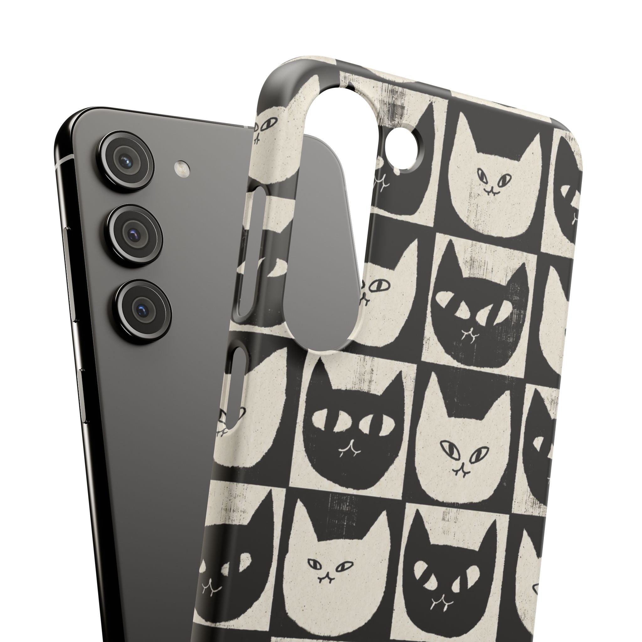 Midnight Cat Grid – Black & White Minimal Cat Phone Case