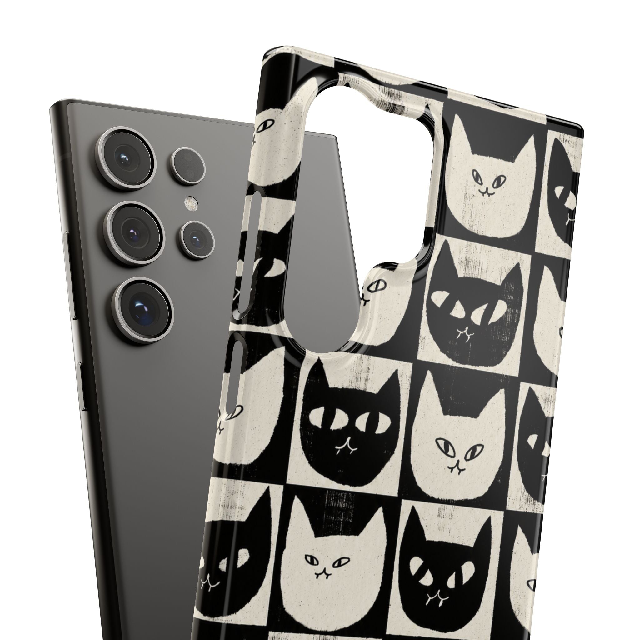 Midnight Cat Grid – Black & White Minimal Cat Phone Case