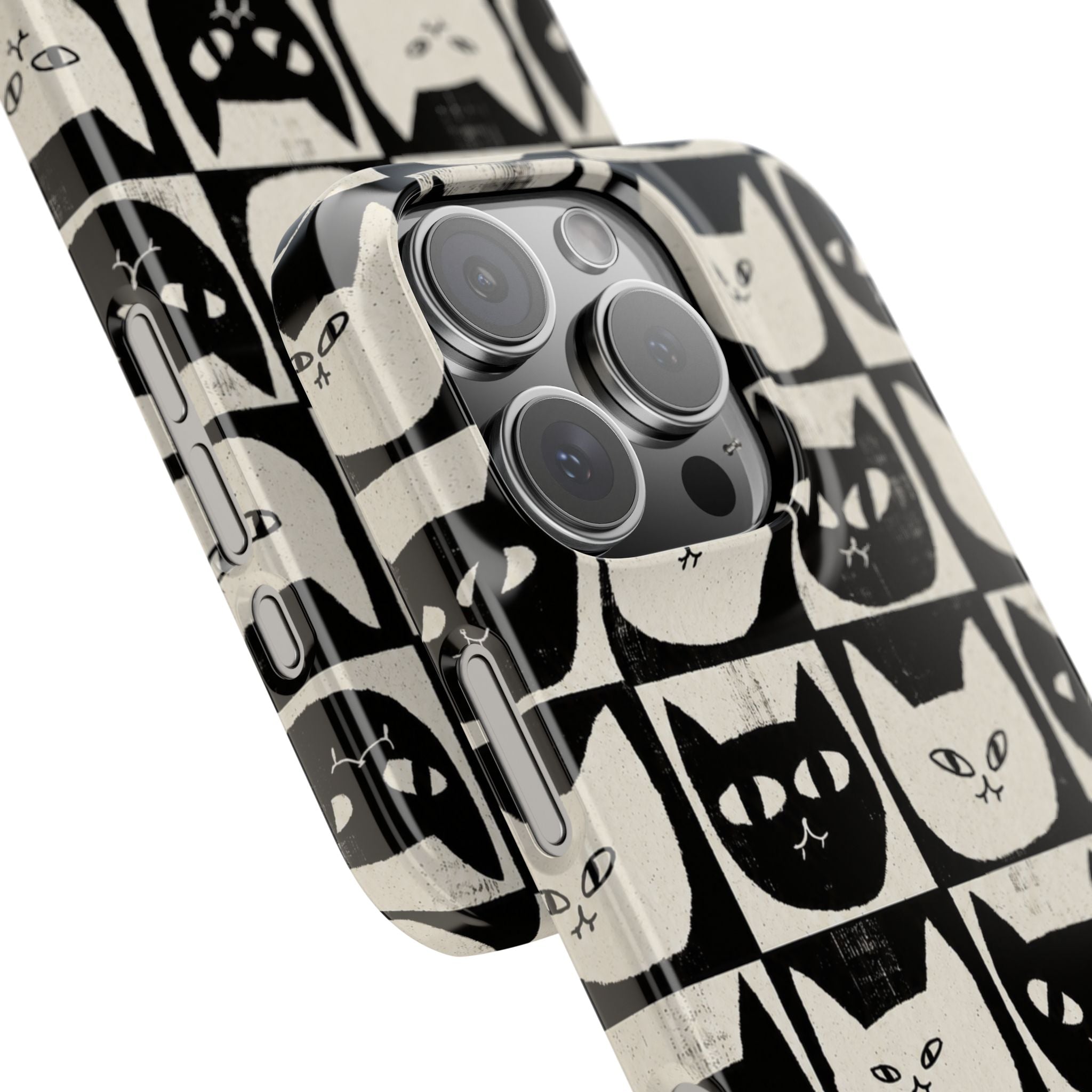 Midnight Cat Grid – Black & White Minimal Cat Phone Case