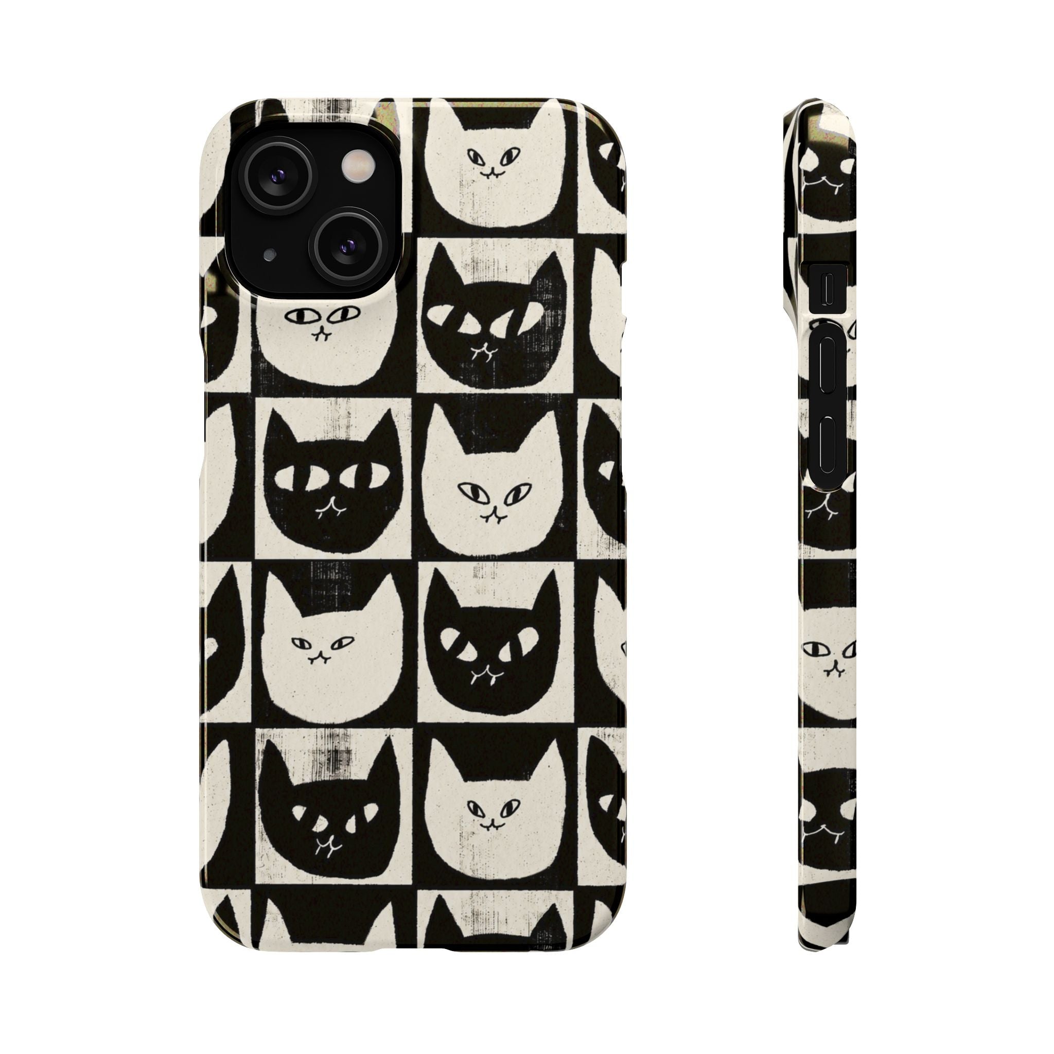 Midnight Cat Grid – Black & White Minimal Cat Phone Case