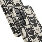 Midnight Cat Grid – Black & White Minimal Cat Phone Case