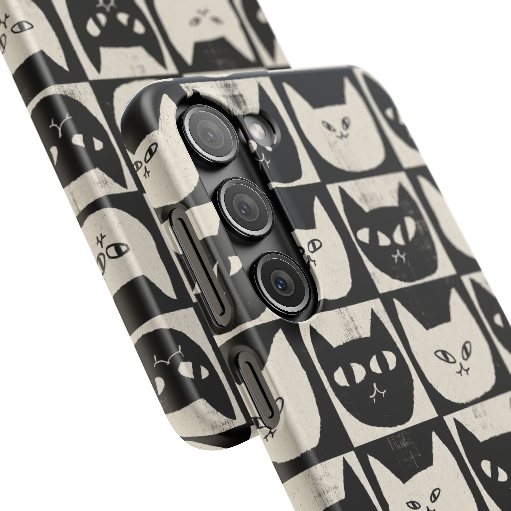 Midnight Cat Grid – Black & White Minimal Cat Phone Case