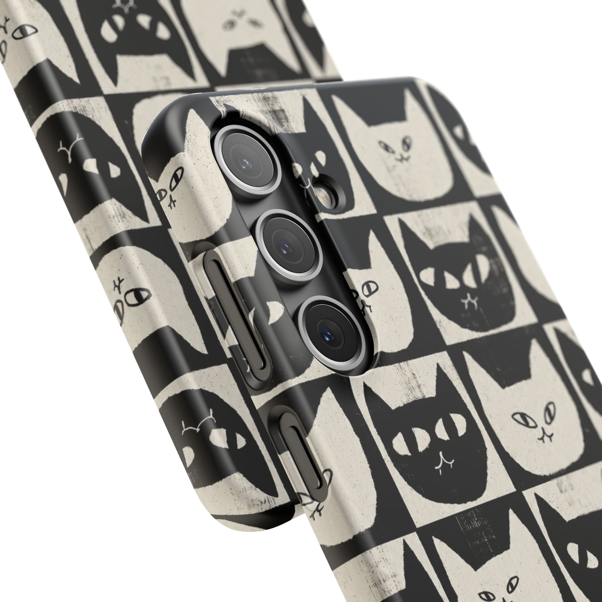Midnight Cat Grid – Black & White Minimal Cat Phone Case