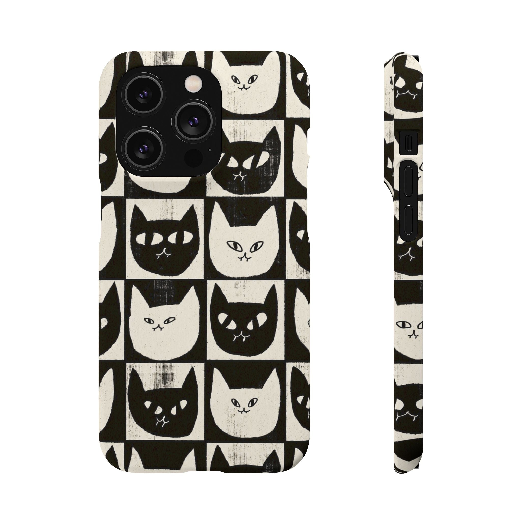 Midnight Cat Grid – Black & White Minimal Cat Phone Case