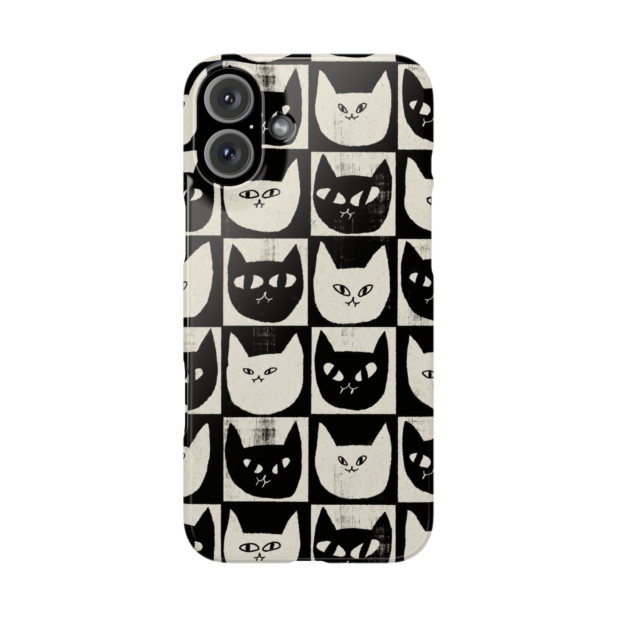 Midnight Cat Grid – Black & White Minimal Cat Phone Case