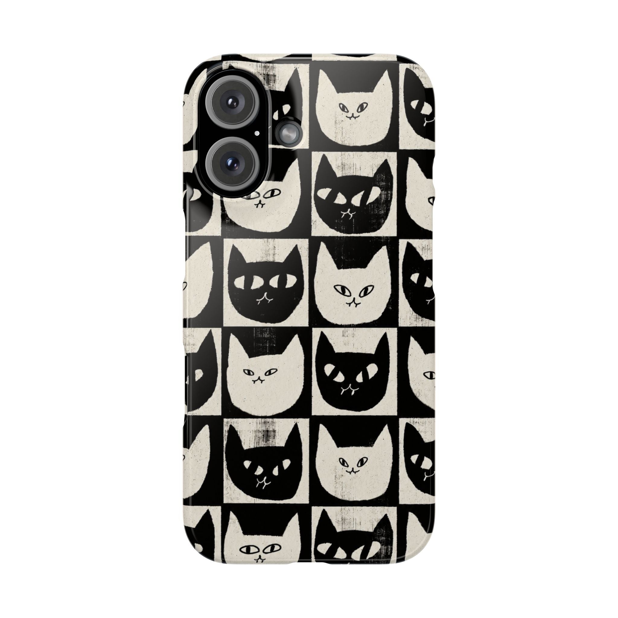 Midnight Cat Grid – Black & White Minimal Cat Phone Case
