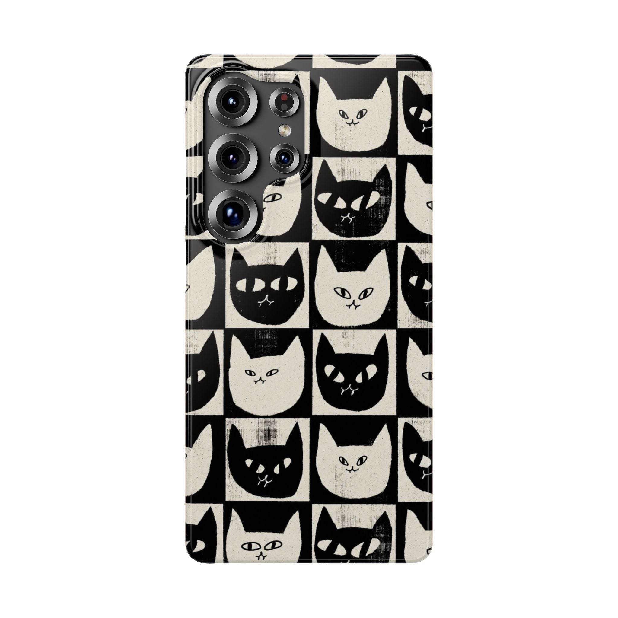 Midnight Cat Grid – Black & White Minimal Cat Phone Case