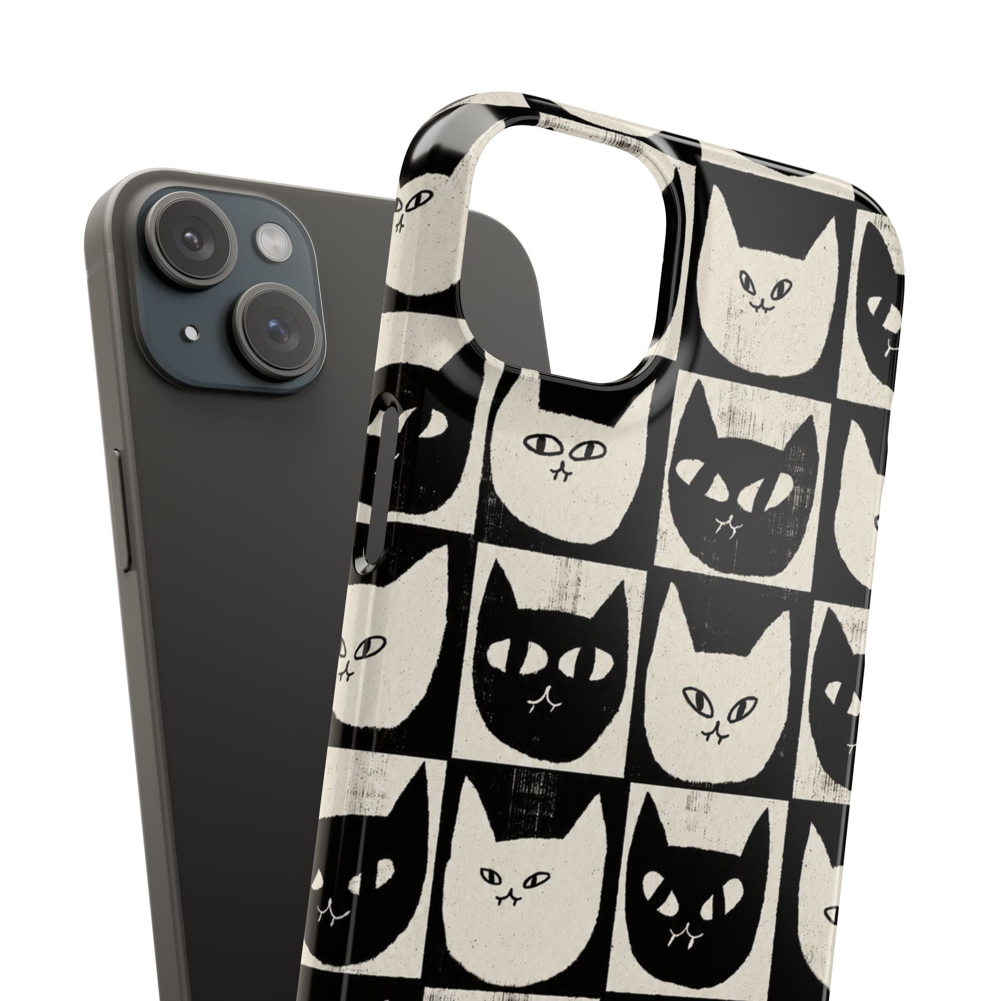 Midnight Cat Grid – Black & White Minimal Cat Phone Case