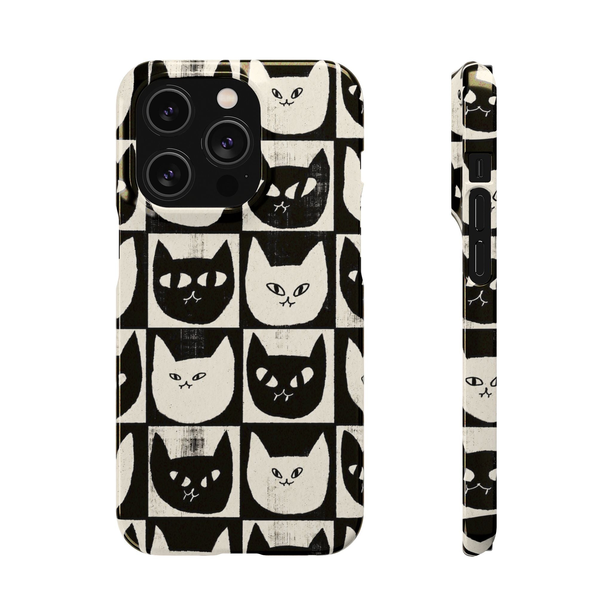 Midnight Cat Grid – Black & White Minimal Cat Phone Case