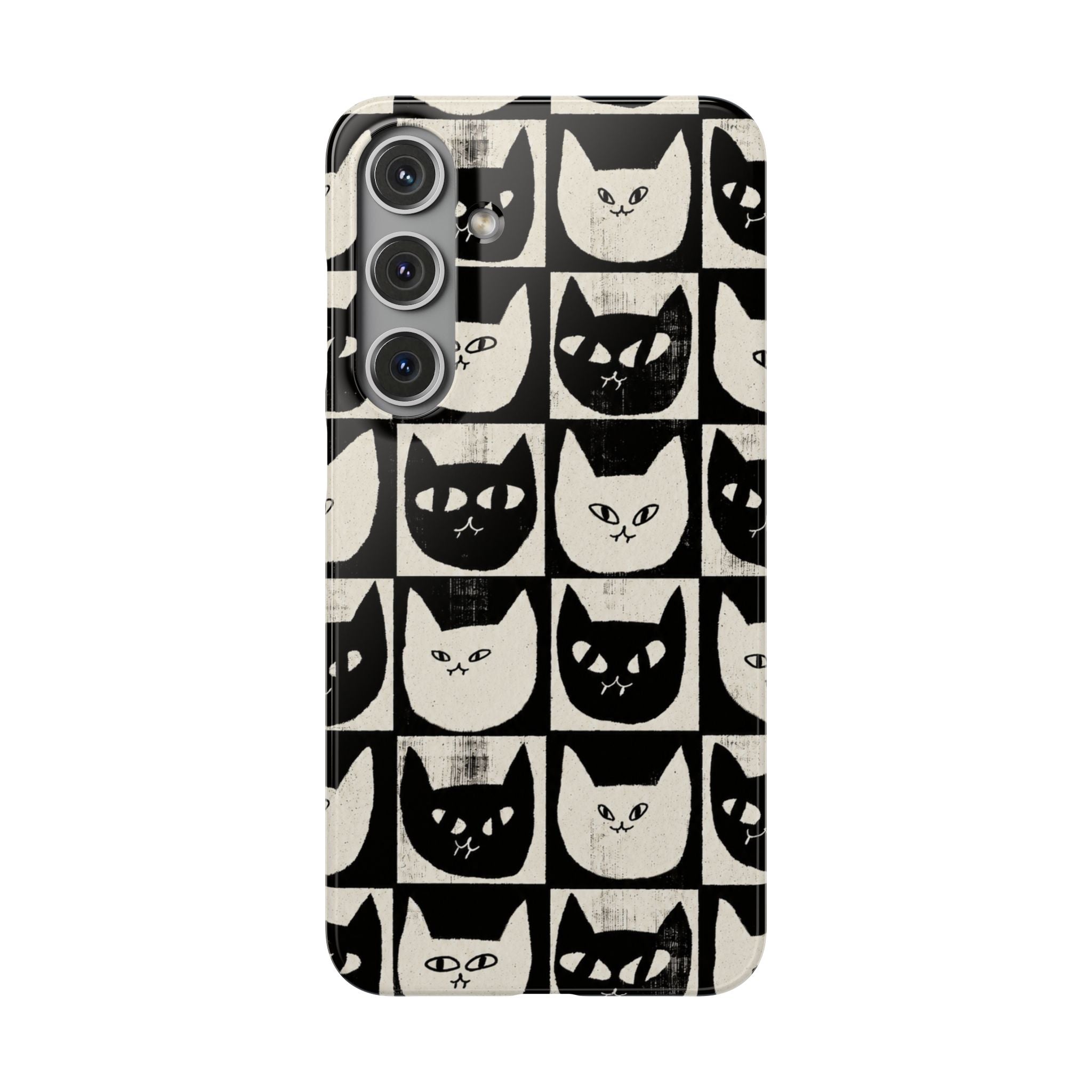 Midnight Cat Grid – Black & White Minimal Cat Phone Case