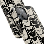 Midnight Cat Grid – Black & White Minimal Cat Phone Case