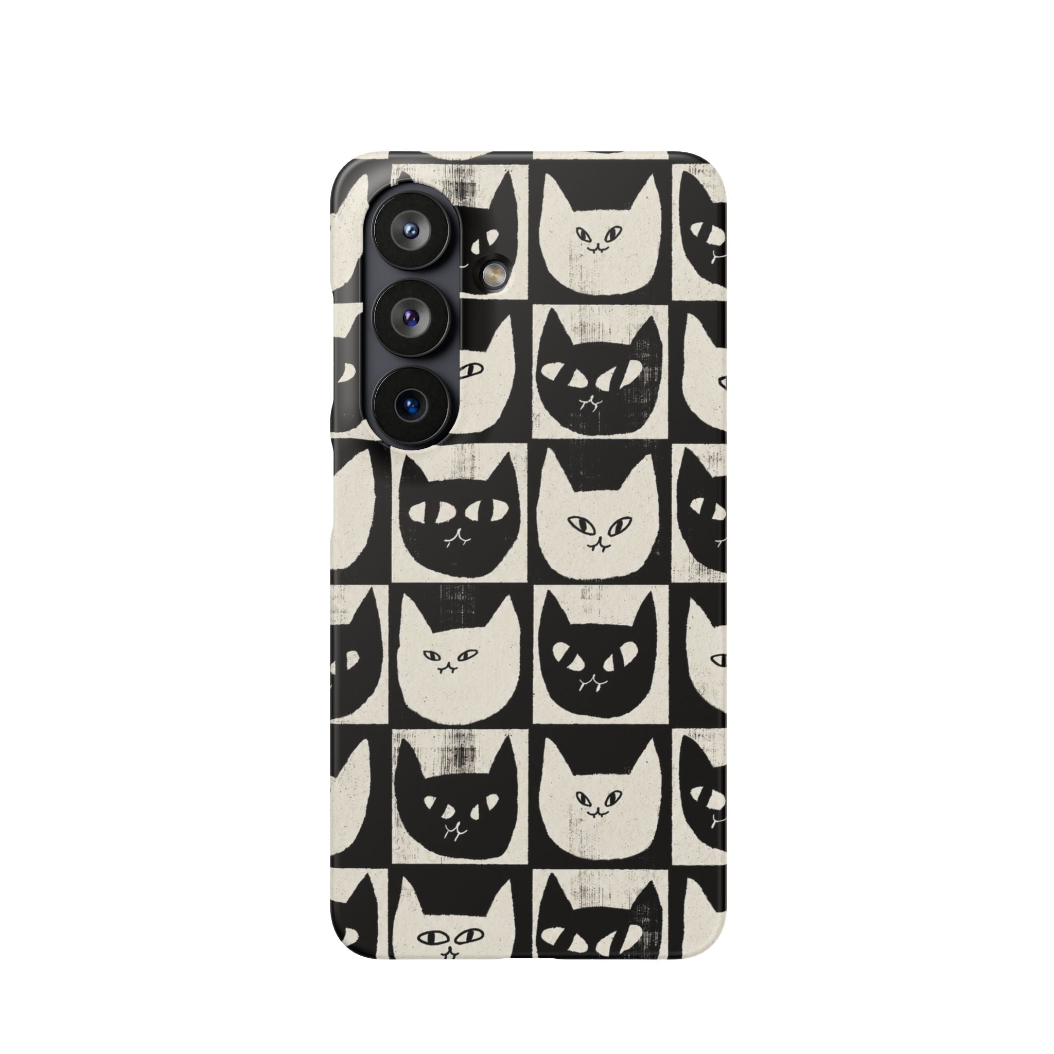 Midnight Cat Grid – Black & White Minimal Cat Phone Case