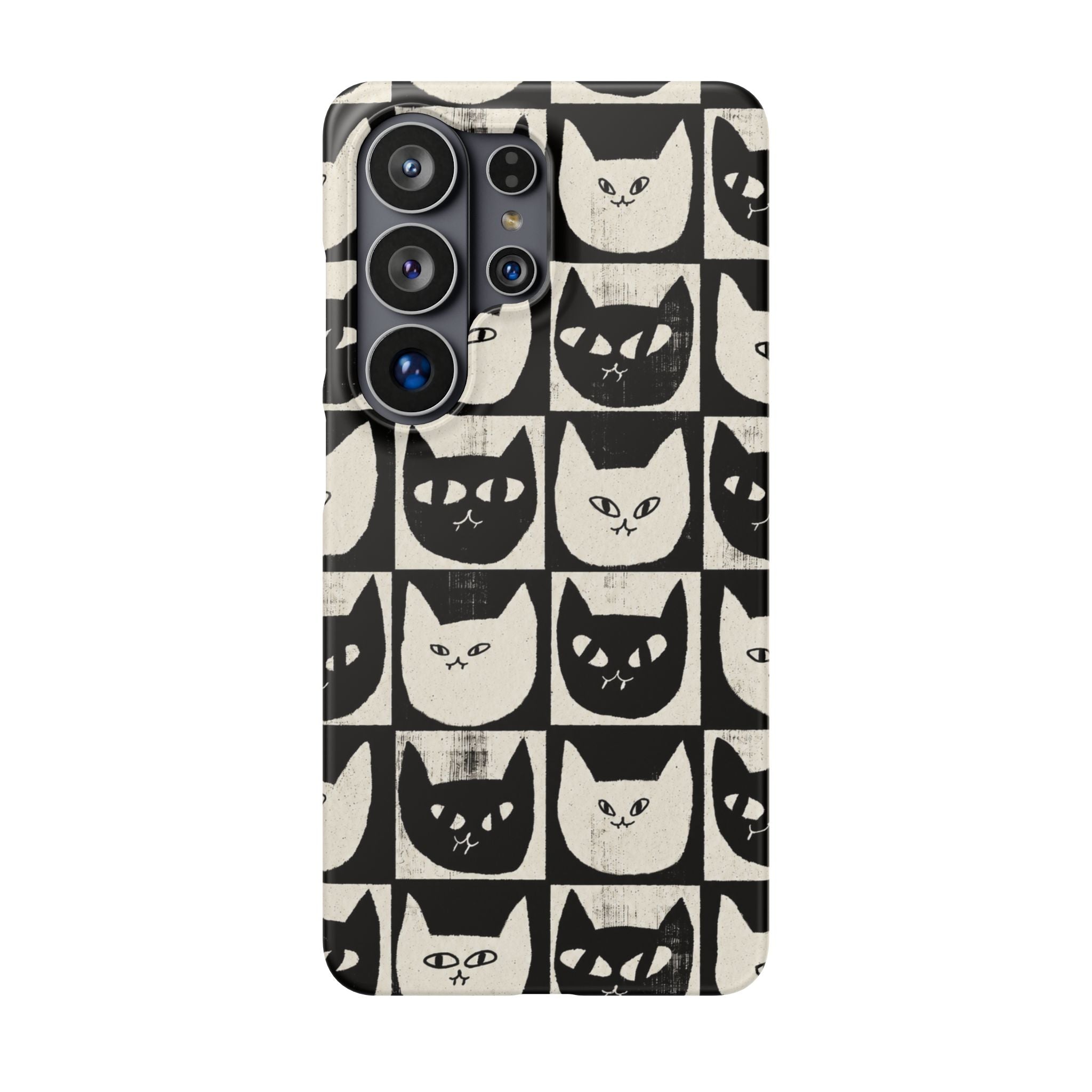Midnight Cat Grid – Black & White Minimal Cat Phone Case