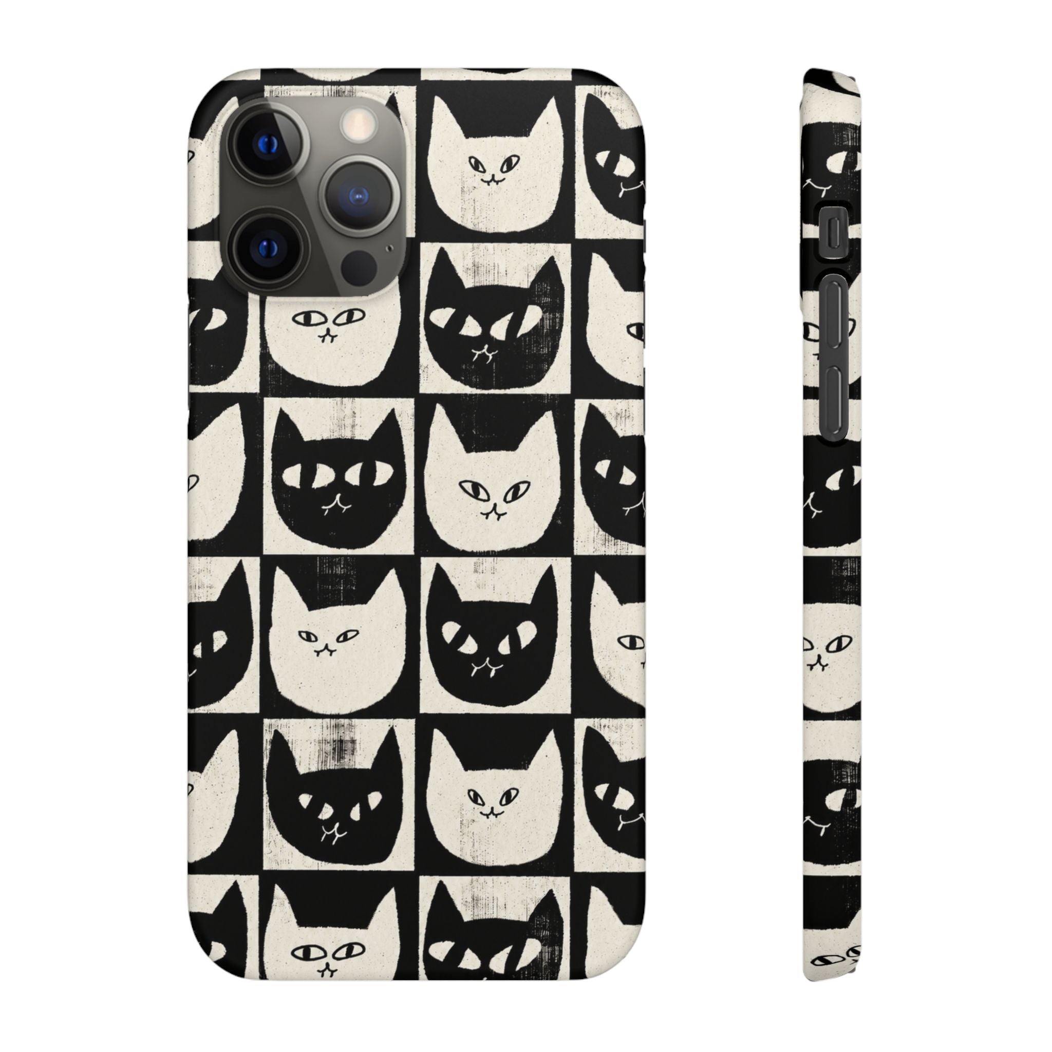 Midnight Cat Grid – Black & White Minimal Cat Phone Case