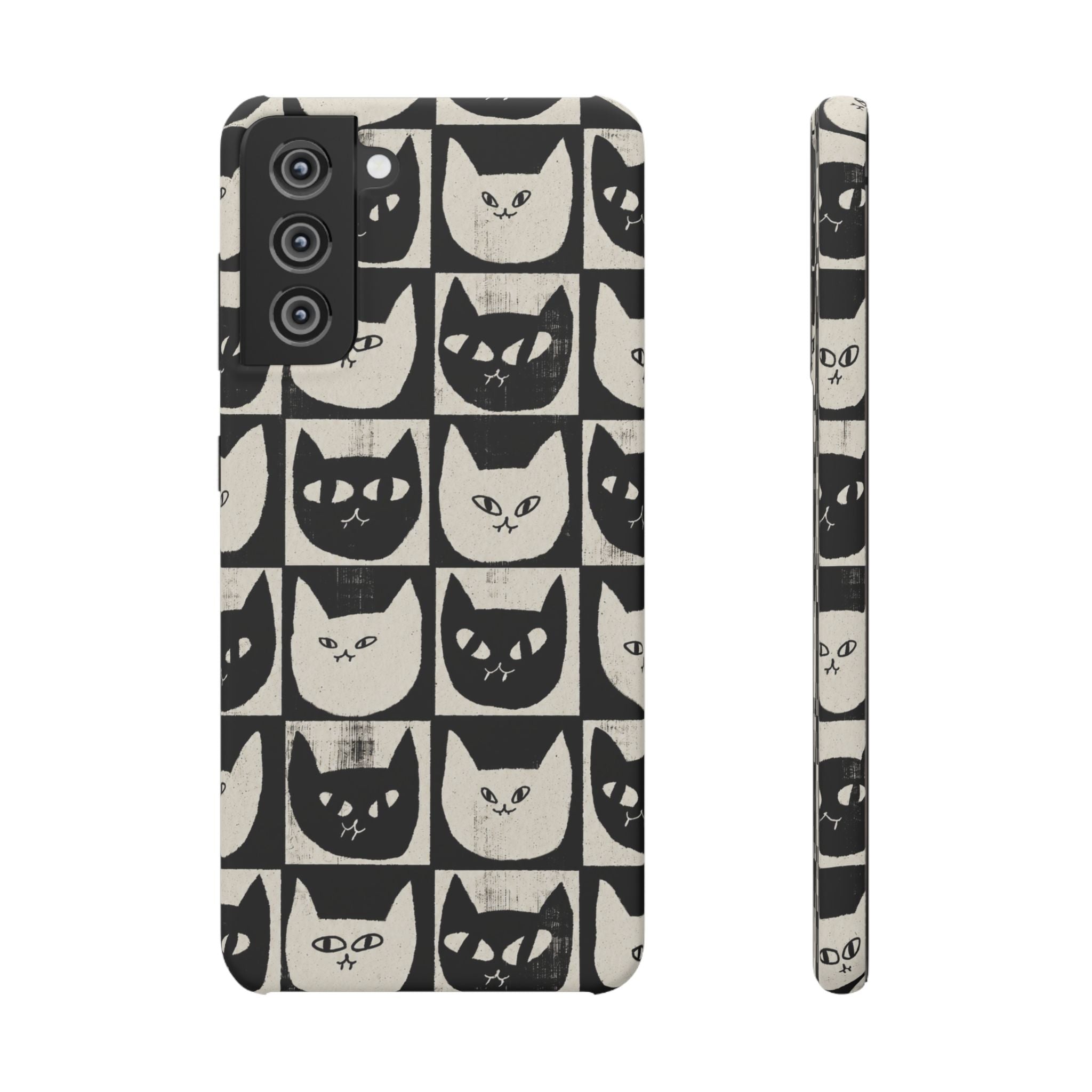 Midnight Cat Grid – Black & White Minimal Cat Phone Case